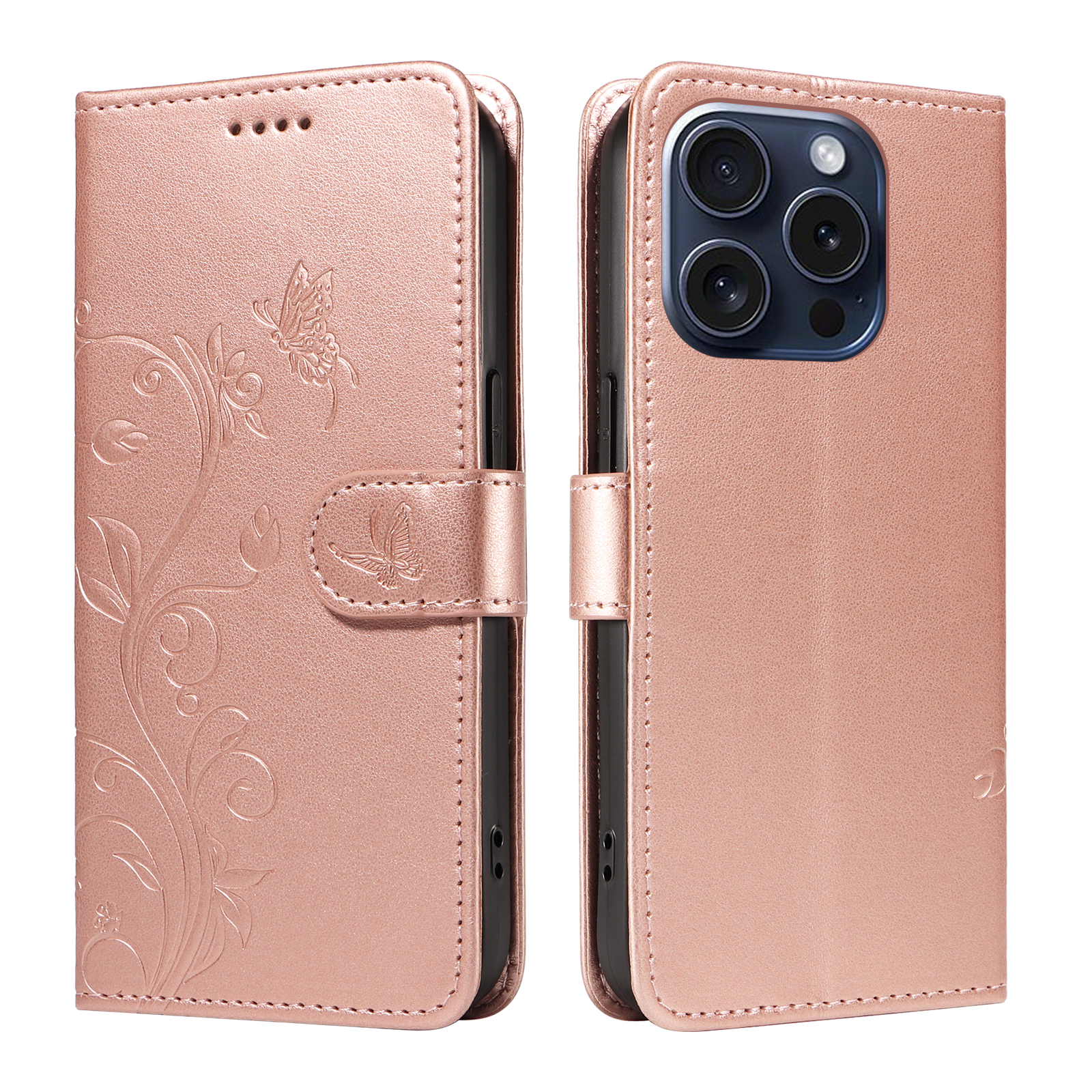 For iPhone 15 Pro PU Leather Cases Flower Pattern Wallet Stand Phone Cover with Strap - Rose Gold