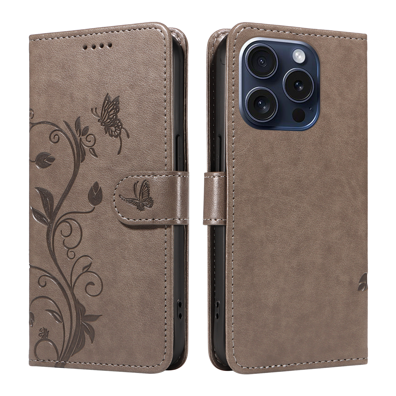 For iPhone 15 Pro PU Leather Cases Flower Pattern Wallet Stand Phone Cover with Strap - Grey