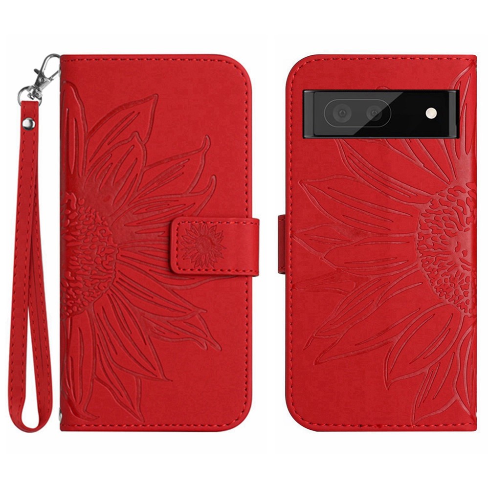 For Google Pixel 7 Pro 5G HT04 Phone Case, Collision Resistant Skin-Touch PU Leather Imprinted Sunflower Stand Wallet Cover with Hand Strap - Red-1
