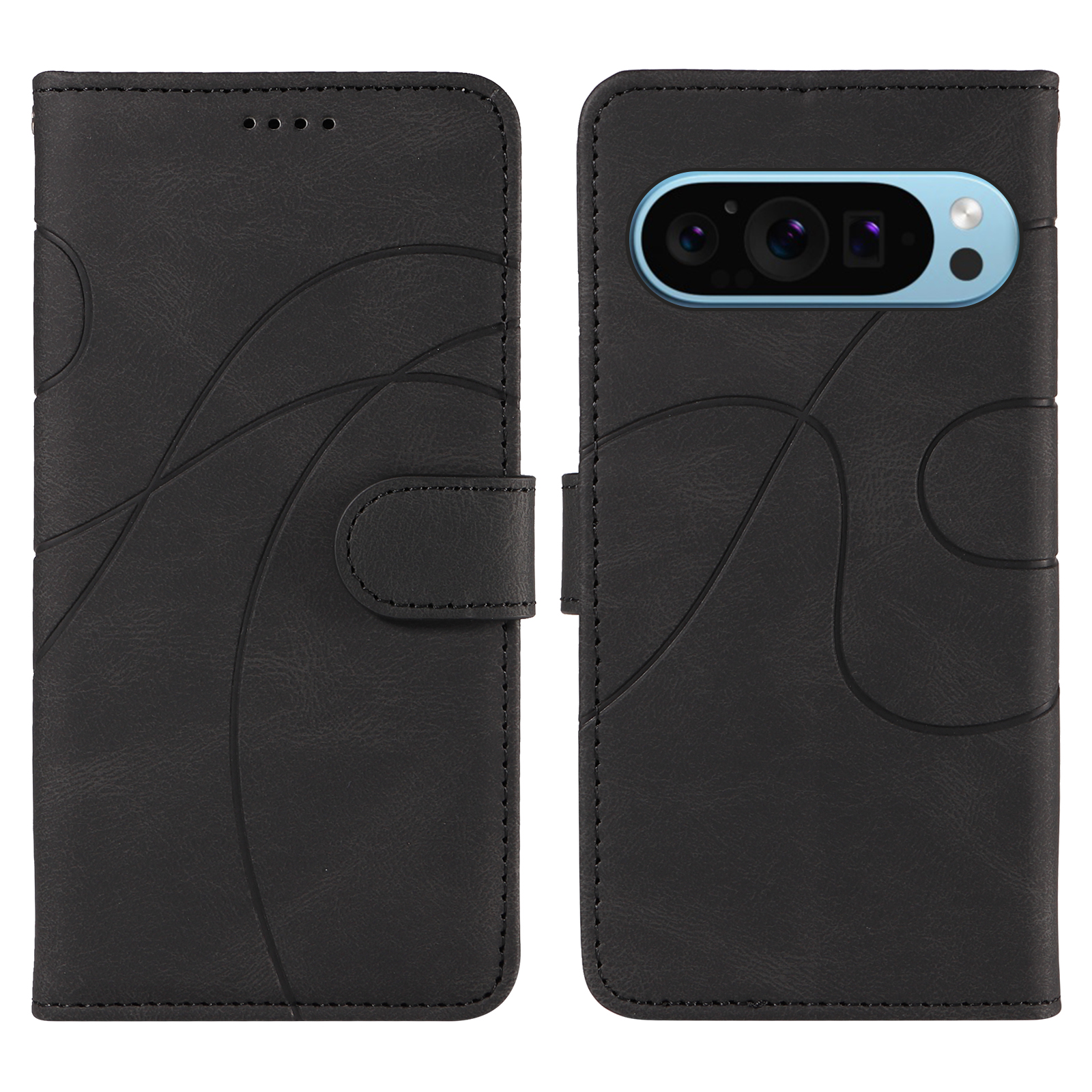 For Google Pixel 9 Pro / Google Pixel 10 / Google Pixel 10 Pro / Google Pixel 9 Wallet Case Leather Phone Cover Stand with Curved Line Design -  Black
