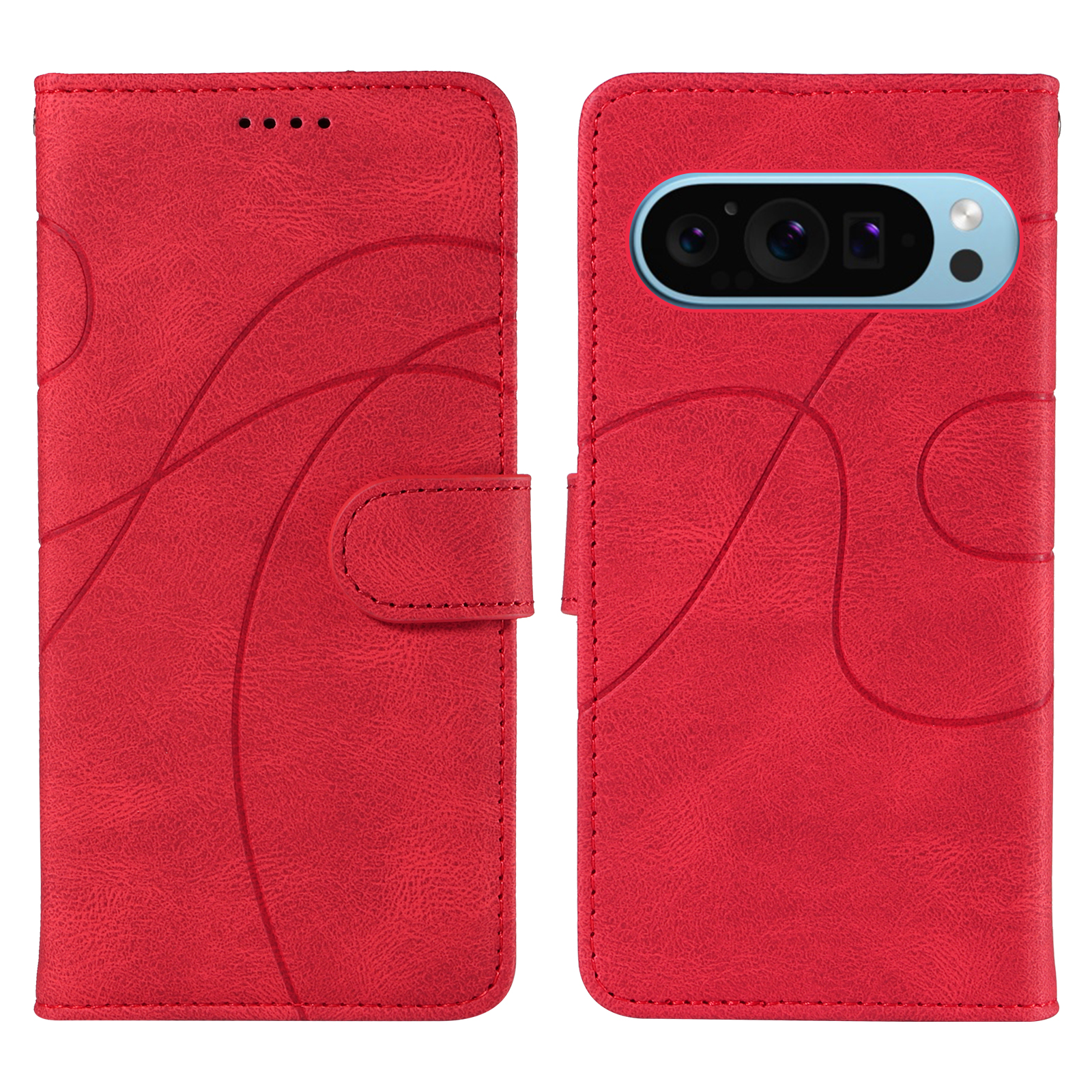 For Google Pixel 9 Pro / Google Pixel 10 / Google Pixel 10 Pro / Google Pixel 9 Wallet Case Leather Phone Cover Stand with Curved Line Design - Red