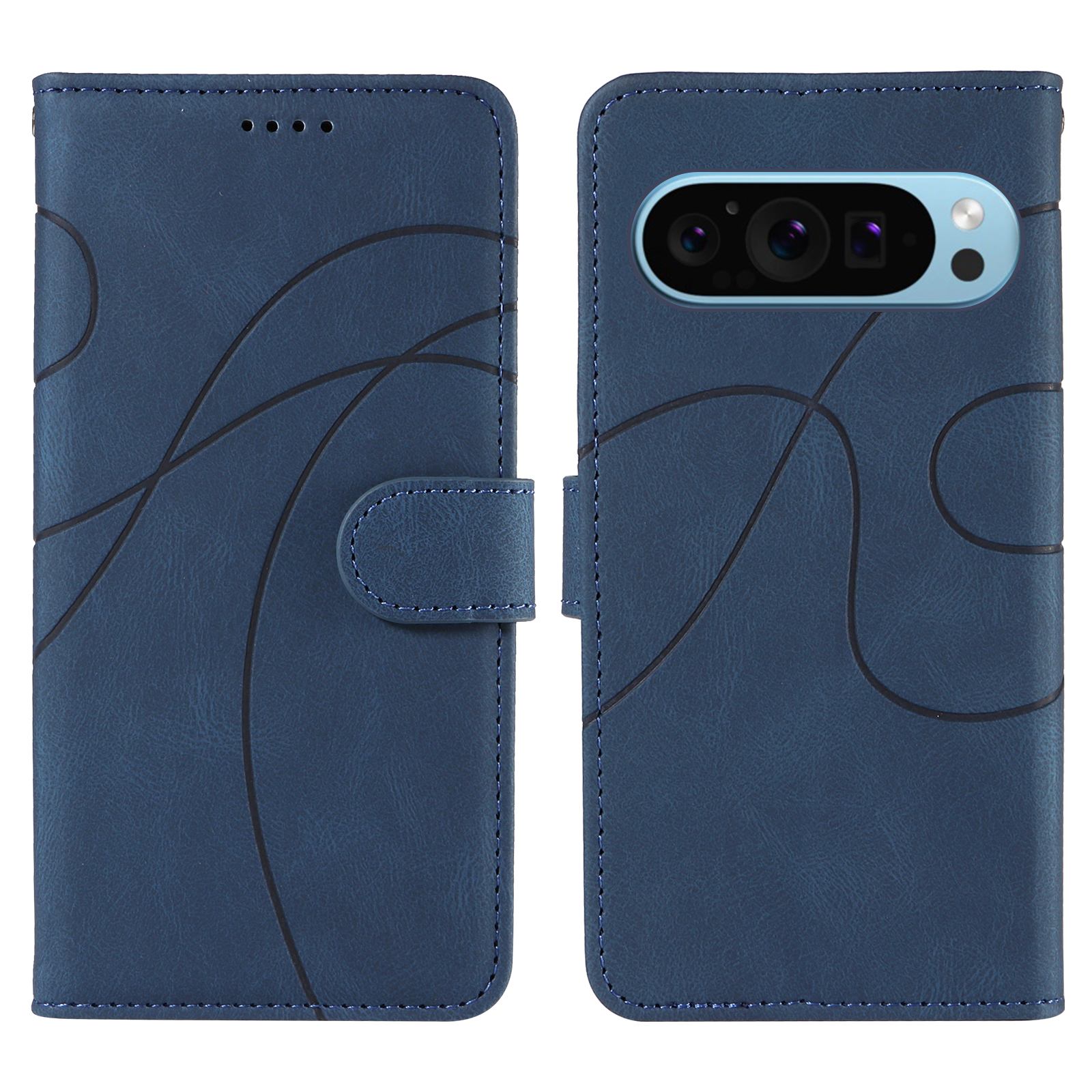 For Google Pixel 9 Pro / Google Pixel 10 / Google Pixel 10 Pro / Google Pixel 9 Wallet Case Leather Phone Cover Stand with Curved Line Design - Blue