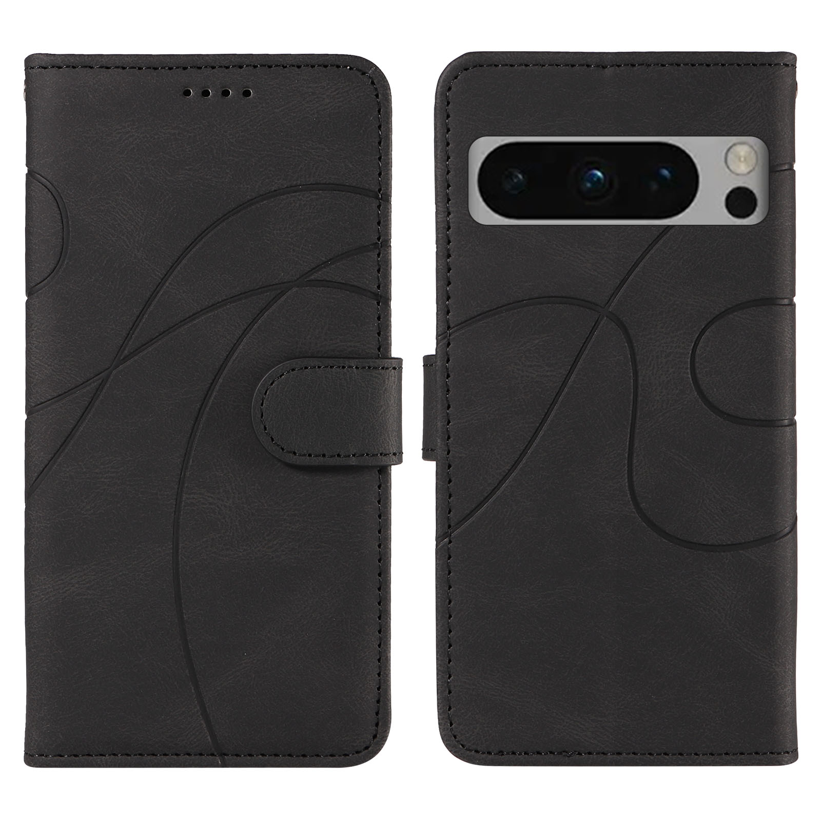 For Google Pixel 8 Pro Wallet Case Leather Phone Cover Stand with Curved Line Design -  Black