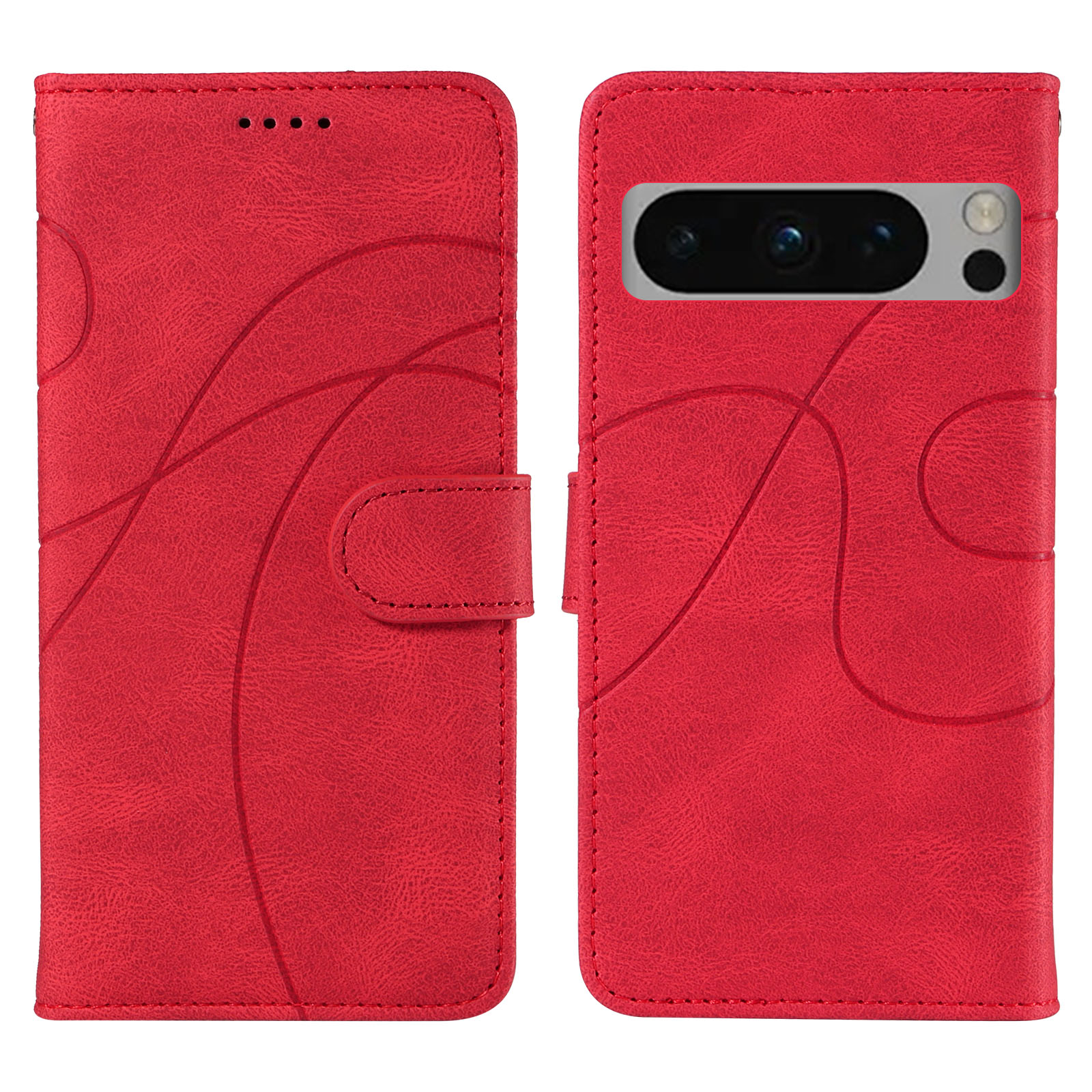 For Google Pixel 8 Pro Wallet Case Leather Phone Cover Stand with Curved Line Design - Red