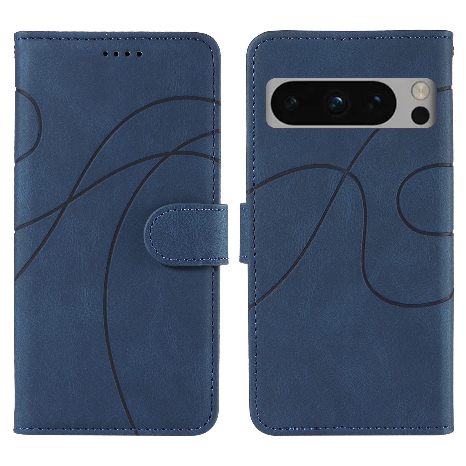 For Google Pixel 8 Pro Wallet Case Leather Phone Cover Stand with Curved Line Design - Blue