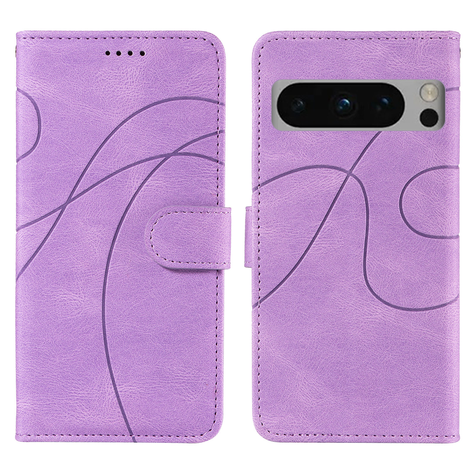 For Google Pixel 8 Pro Wallet Case Leather Phone Cover Stand with Curved Line Design - Light Purple