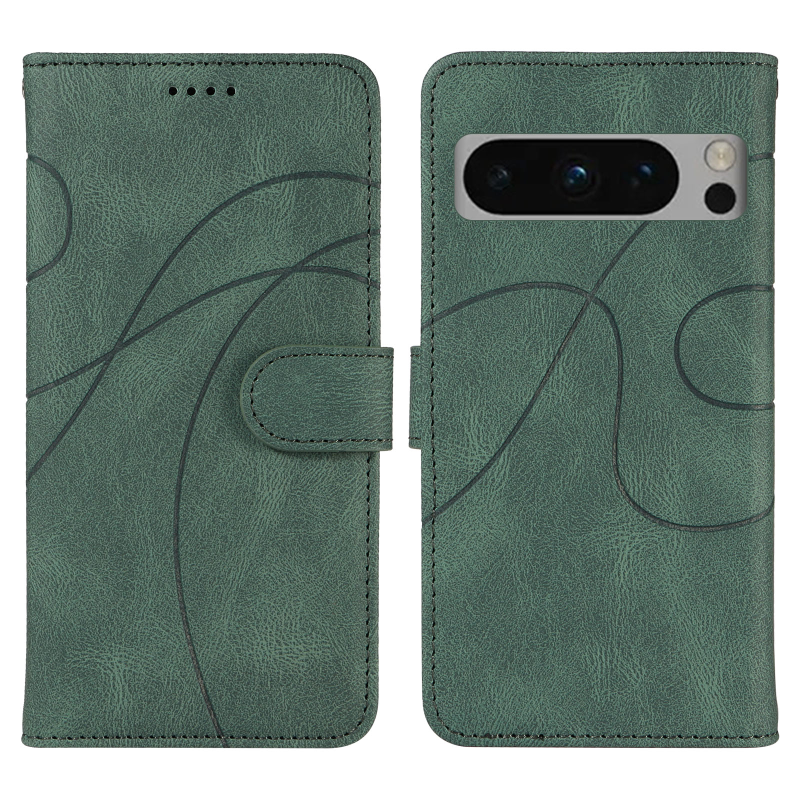 For Google Pixel 8 Pro Wallet Case Leather Phone Cover Stand with Curved Line Design - Green