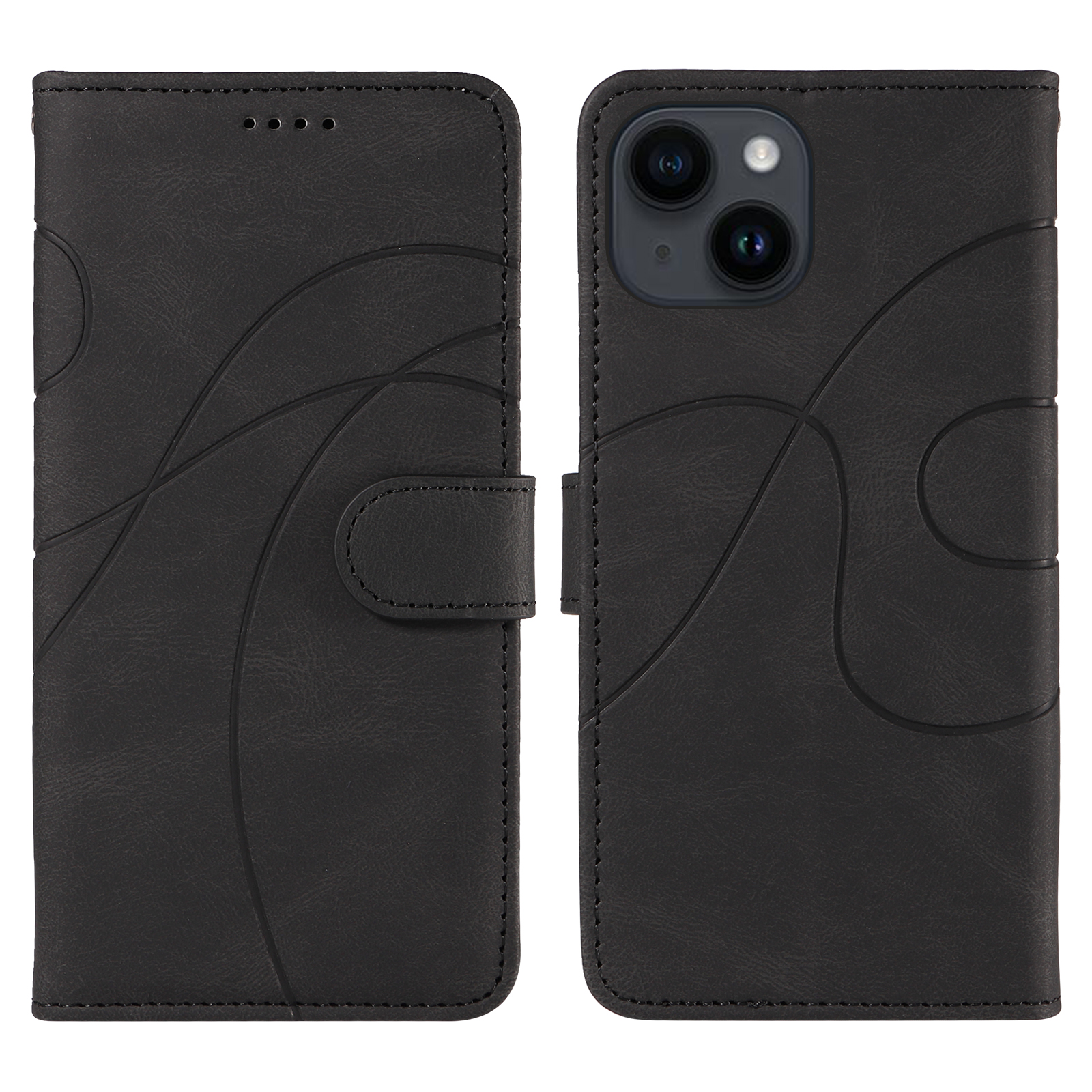 For iPhone 15 Wallet Case Leather Phone Cover Stand with Curved Line Design -  Black