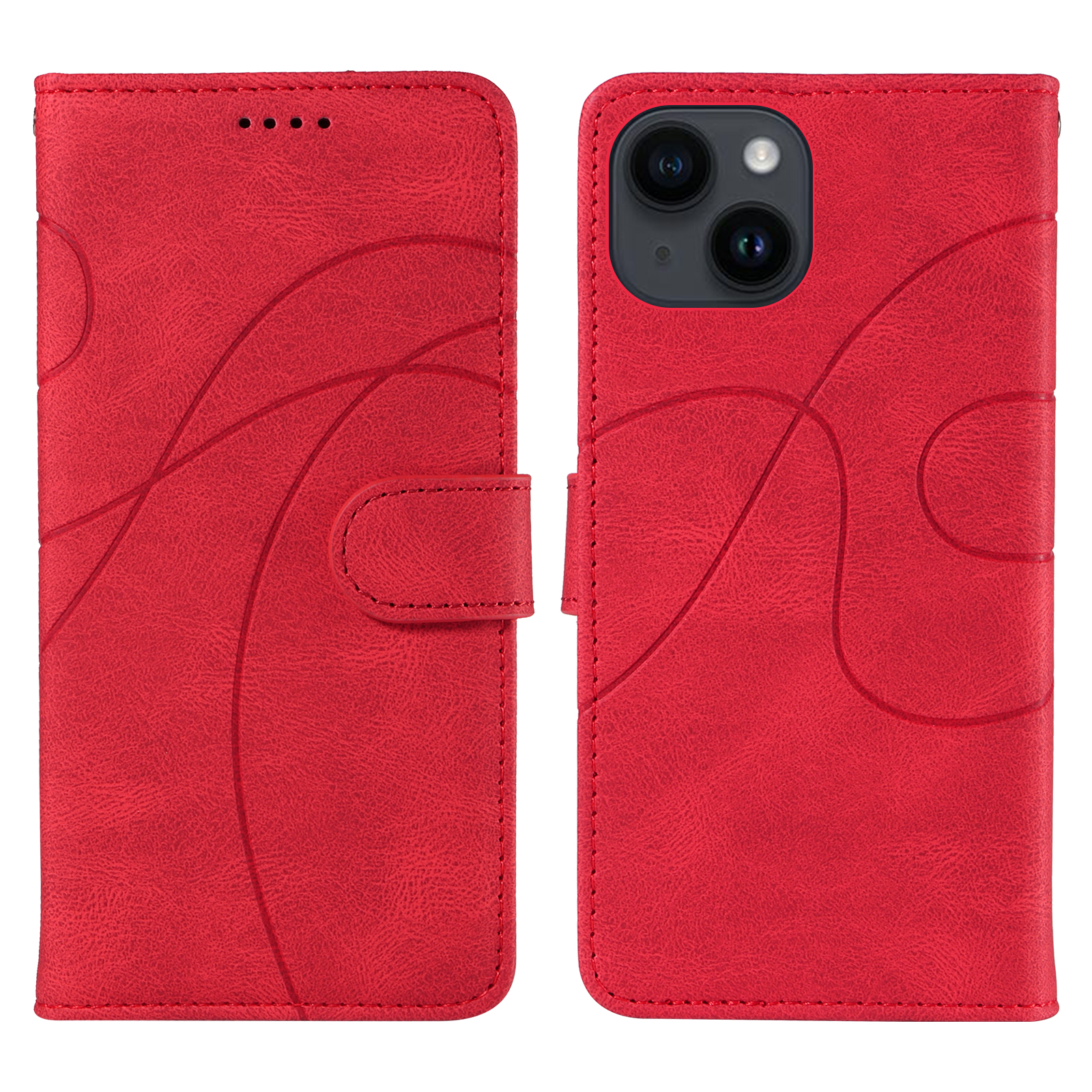 For iPhone 15 Wallet Case Leather Phone Cover Stand with Curved Line Design - Red