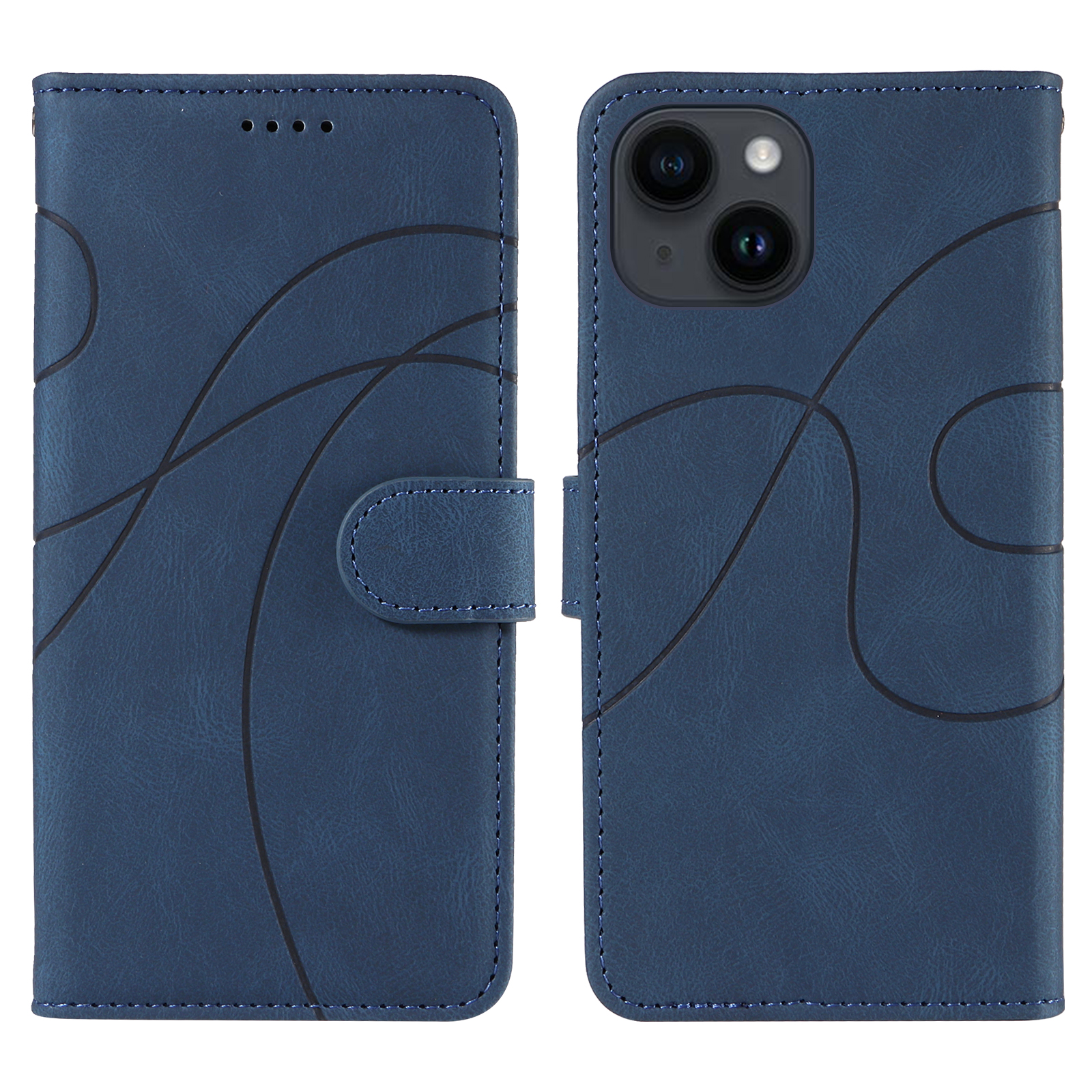 For iPhone 15 Wallet Case Leather Phone Cover Stand with Curved Line Design - Blue