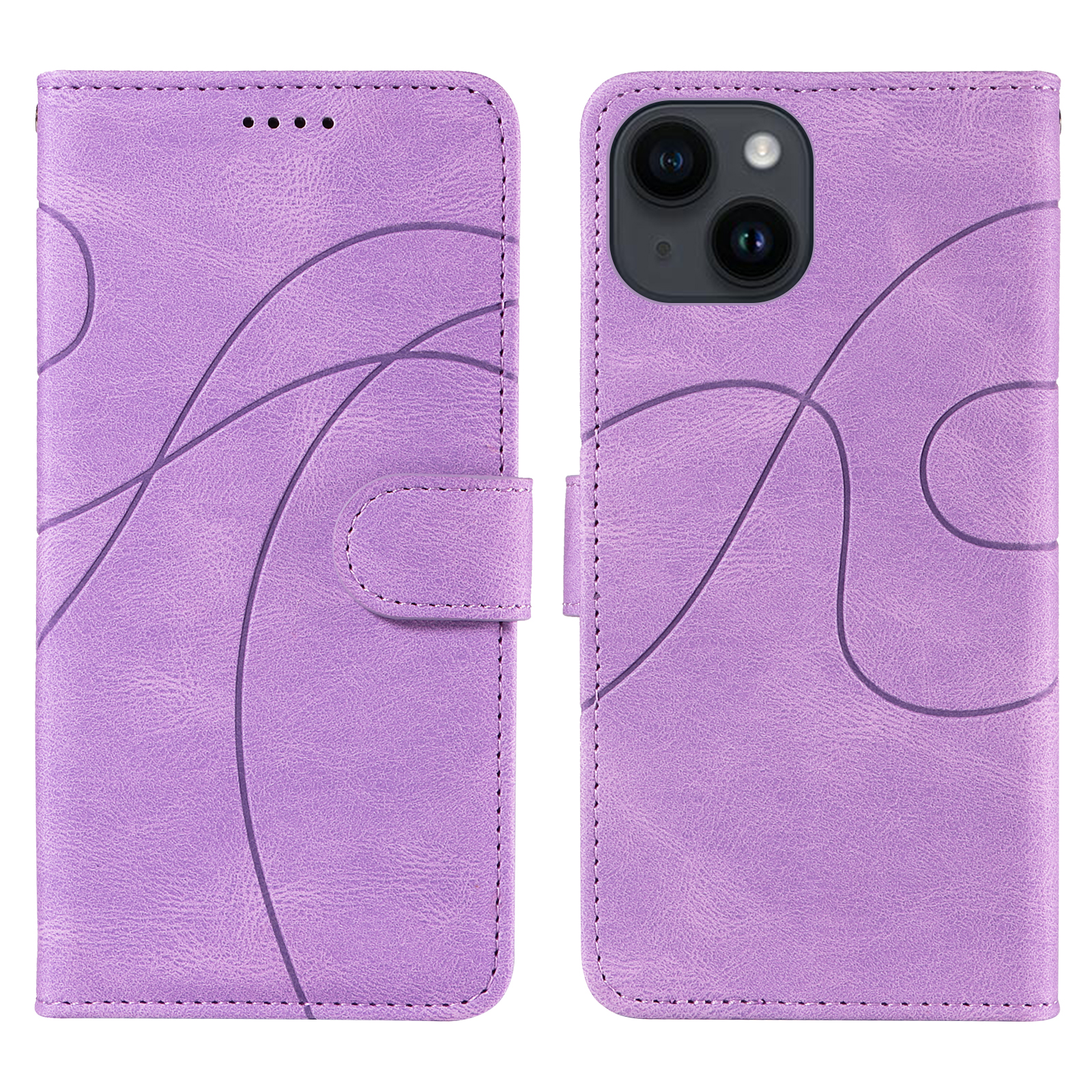 For iPhone 15 Wallet Case Leather Phone Cover Stand with Curved Line Design - Light Purple