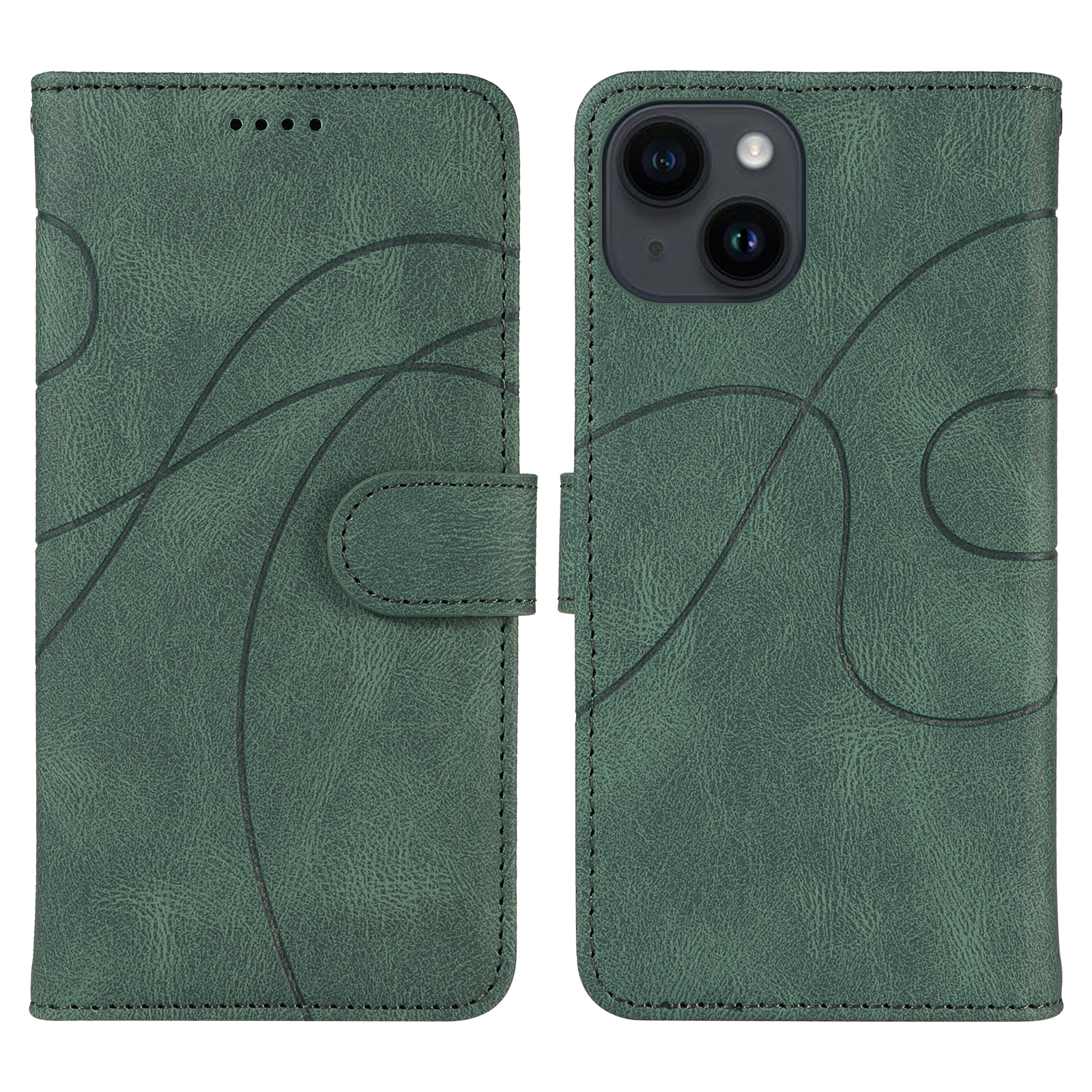 For iPhone 15 Wallet Case Leather Phone Cover Stand with Curved Line Design - Green