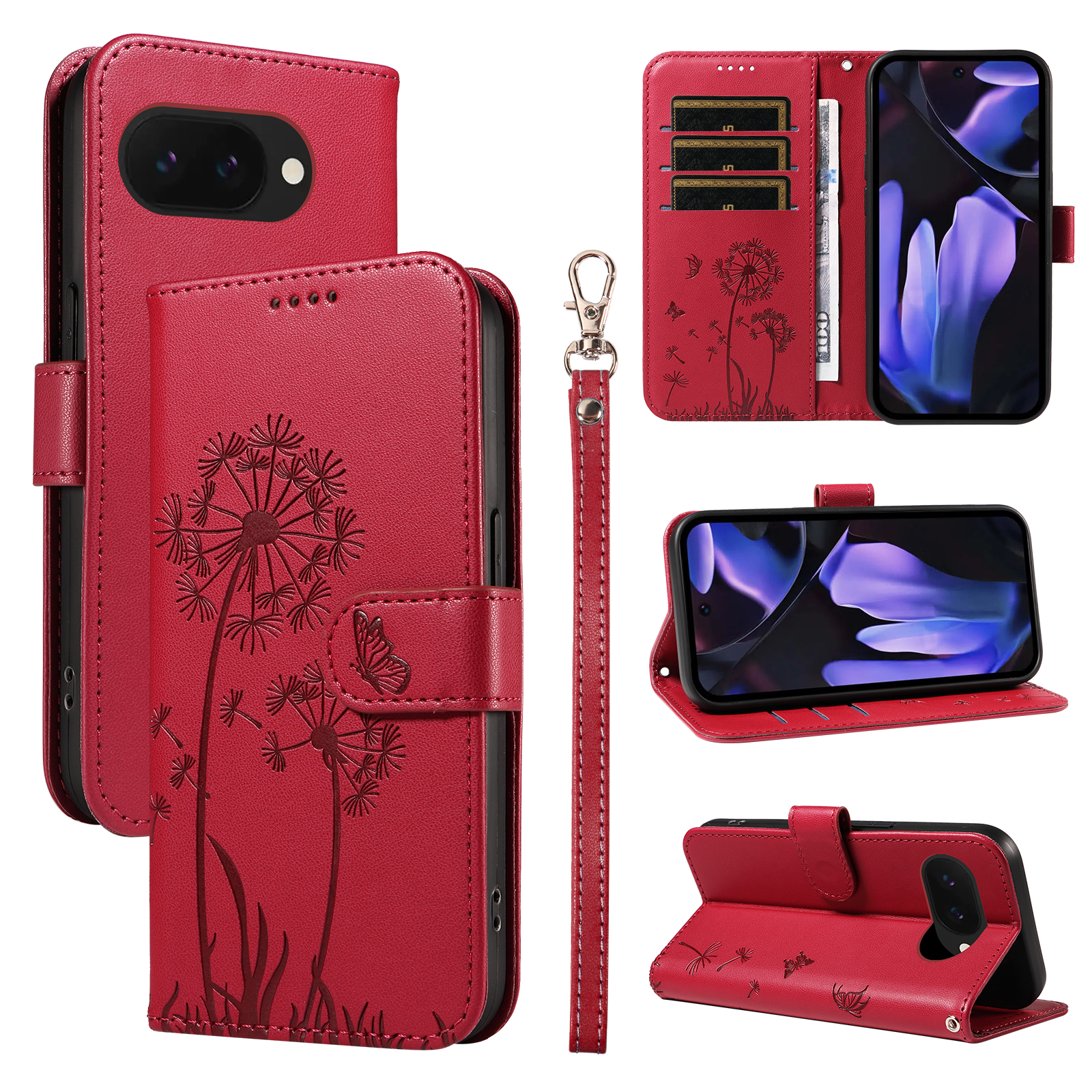 For Google Pixel 9a Leather Wallet Case with Strap Dandelion Imprint Phone Stand Cover - Red