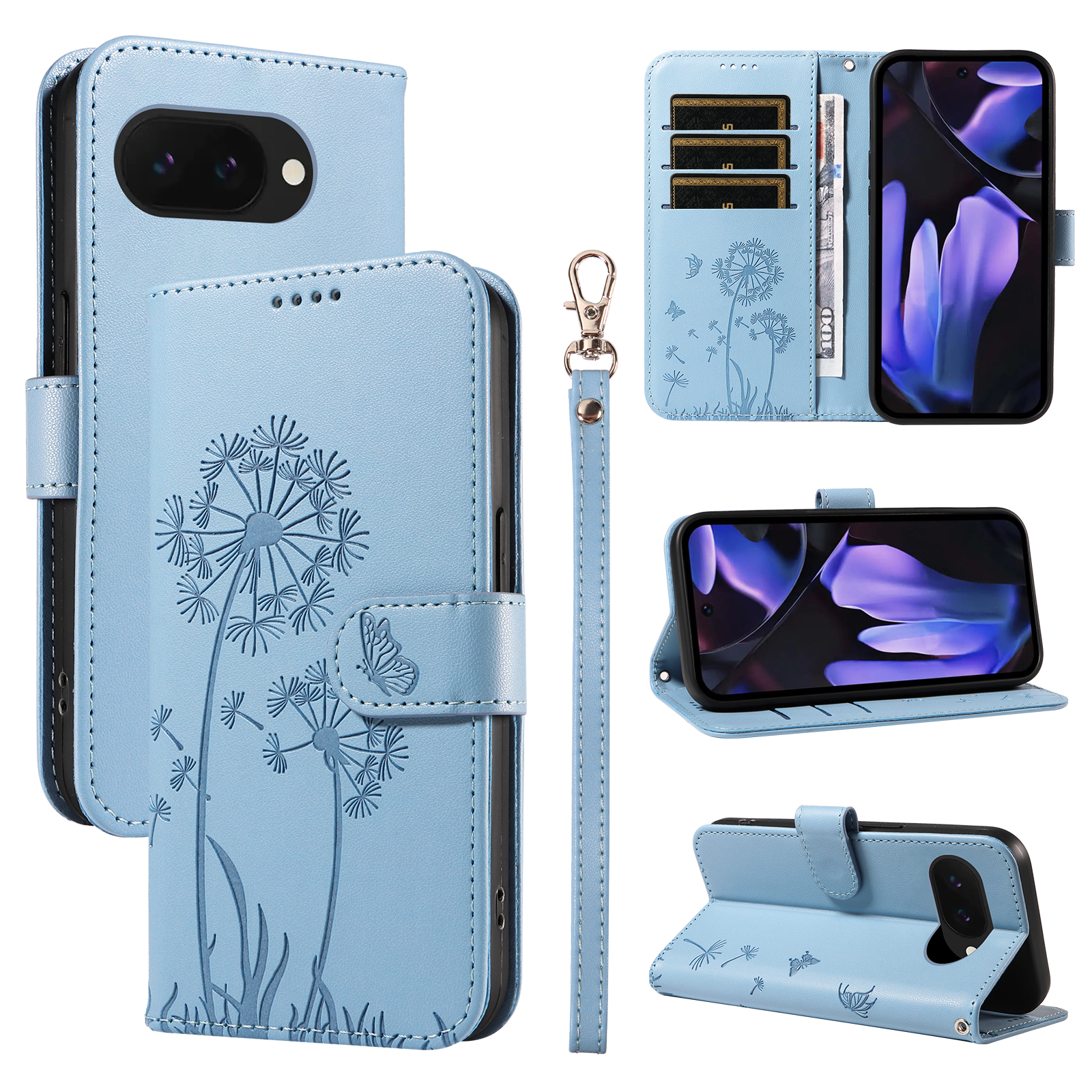 For Google Pixel 9a Leather Wallet Case with Strap Dandelion Imprint Phone Stand Cover - Sky Blue