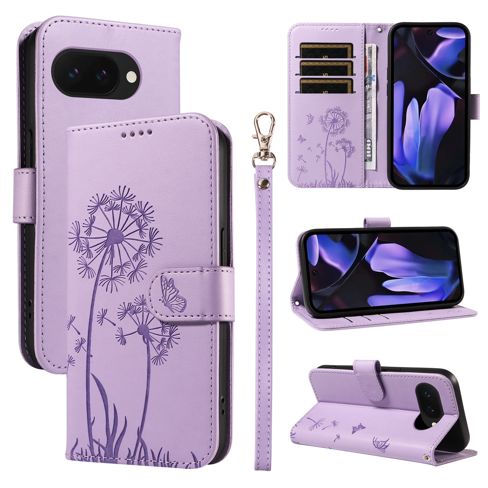 For Google Pixel 9a Leather Wallet Case with Strap Dandelion Imprint Phone Stand Cover - Purple
