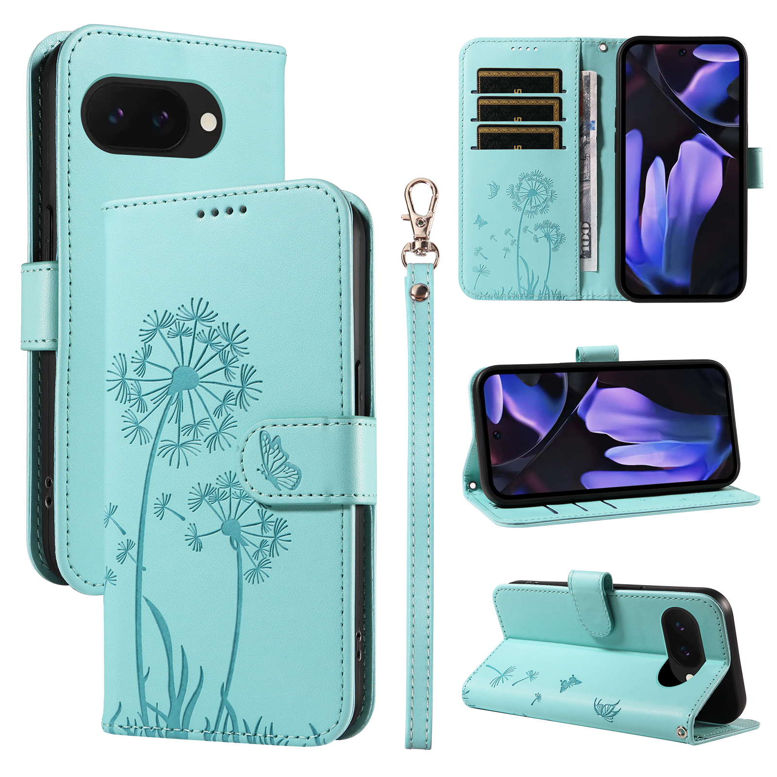 For Google Pixel 9a Leather Wallet Case with Strap Dandelion Imprint Phone Stand Cover - Green