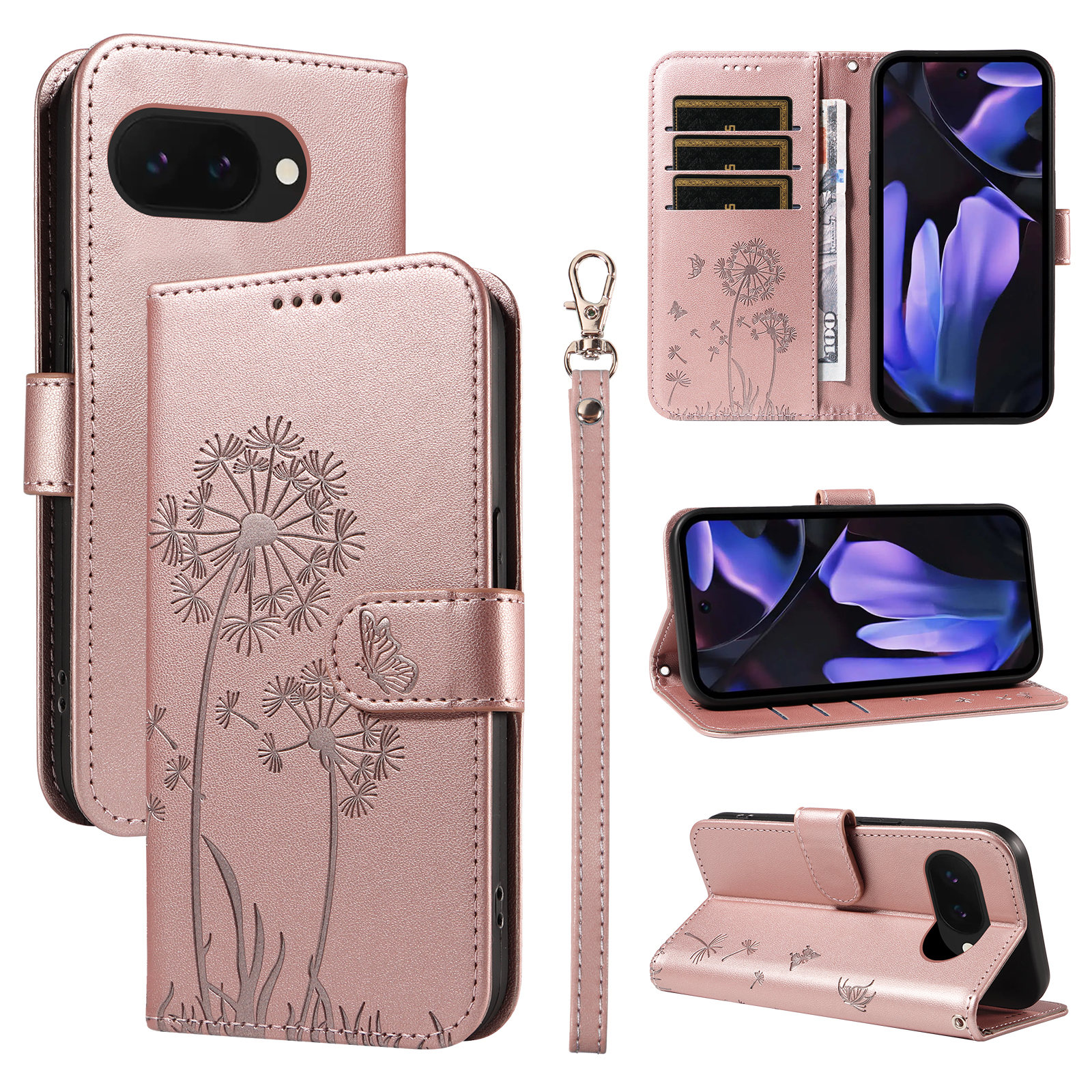 For Google Pixel 9a Leather Wallet Case with Strap Dandelion Imprint Phone Stand Cover - Rose Gold