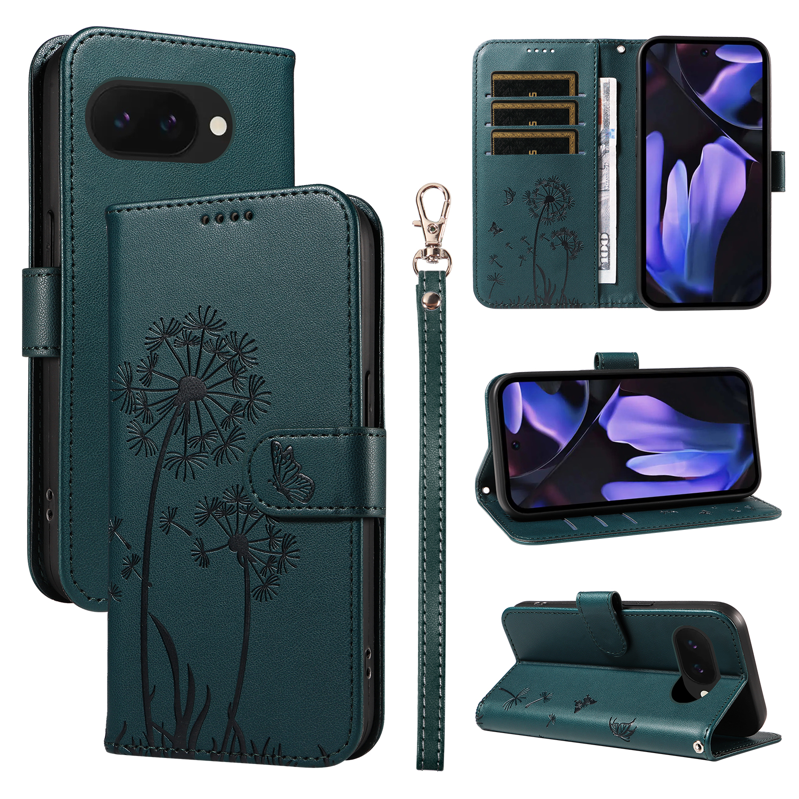 For Google Pixel 9a Leather Wallet Case with Strap Dandelion Imprint Phone Stand Cover - Blue