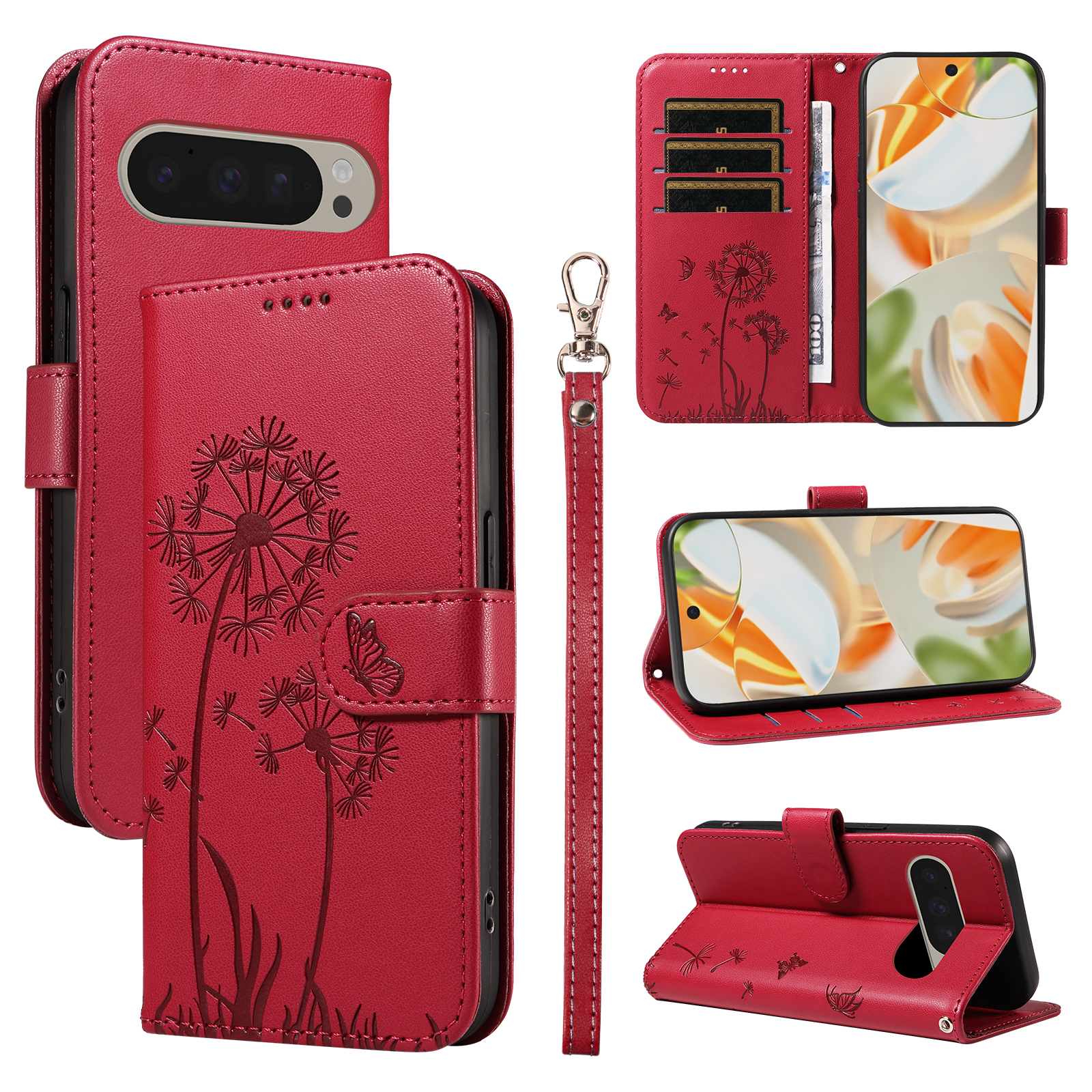 For Google Pixel 9 Pro / Google Pixel 10 / Google Pixel 10 Pro / Google Pixel 9 Leather Wallet Case with Strap Dandelion Imprint Phone Stand Cover - Red