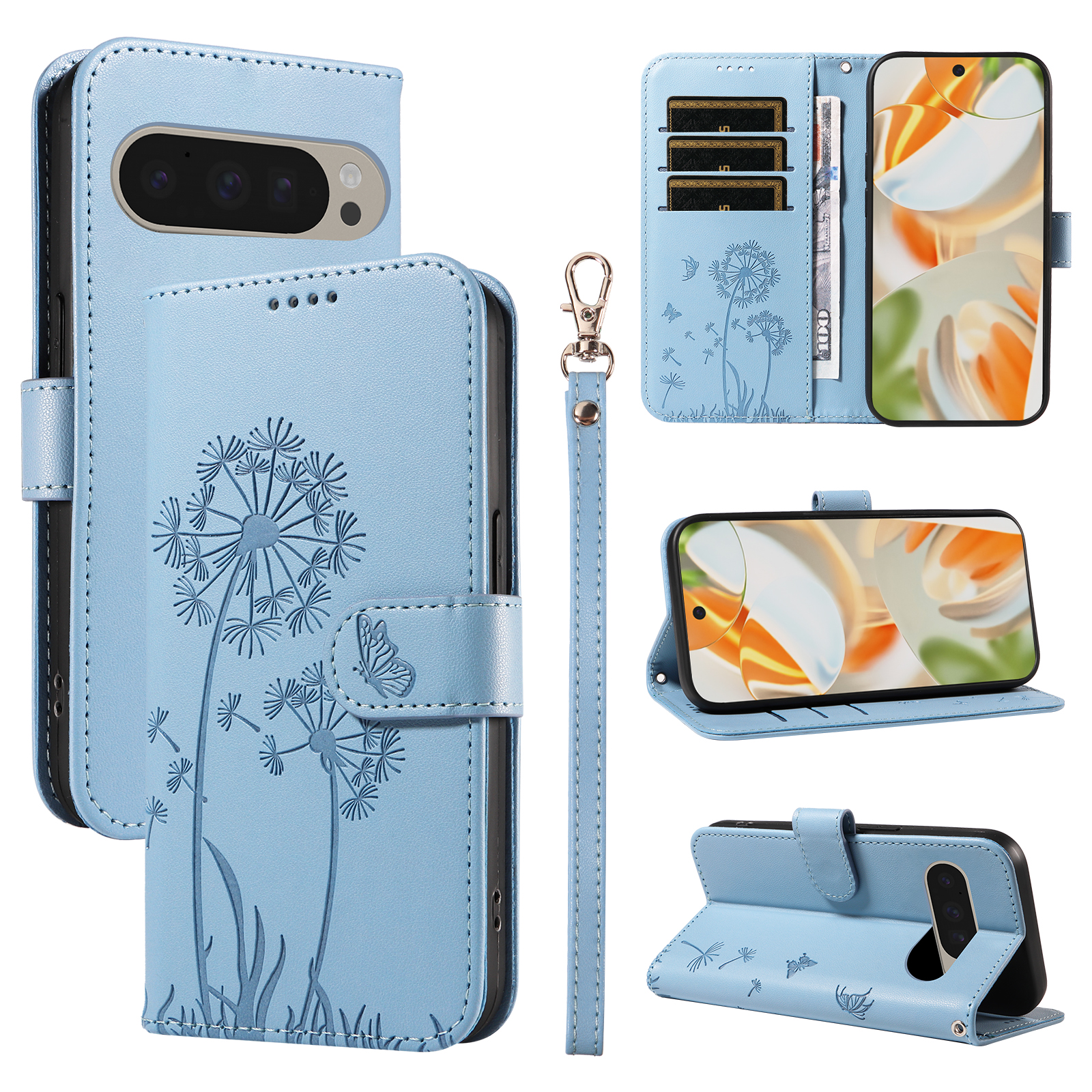 For Google Pixel 9 Pro / Google Pixel 10 / Google Pixel 10 Pro / Google Pixel 9 Leather Wallet Case with Strap Dandelion Imprint Phone Stand Cover - Sky Blue
