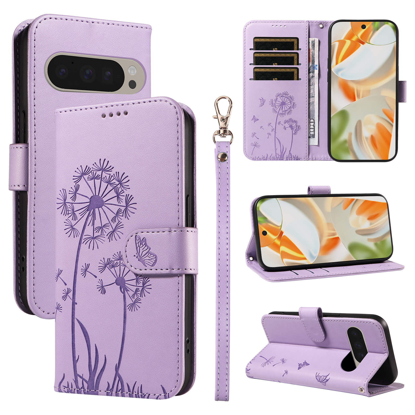 For Google Pixel 9 Pro / Google Pixel 10 / Google Pixel 10 Pro / Google Pixel 9 Leather Wallet Case with Strap Dandelion Imprint Phone Stand Cover - Purple