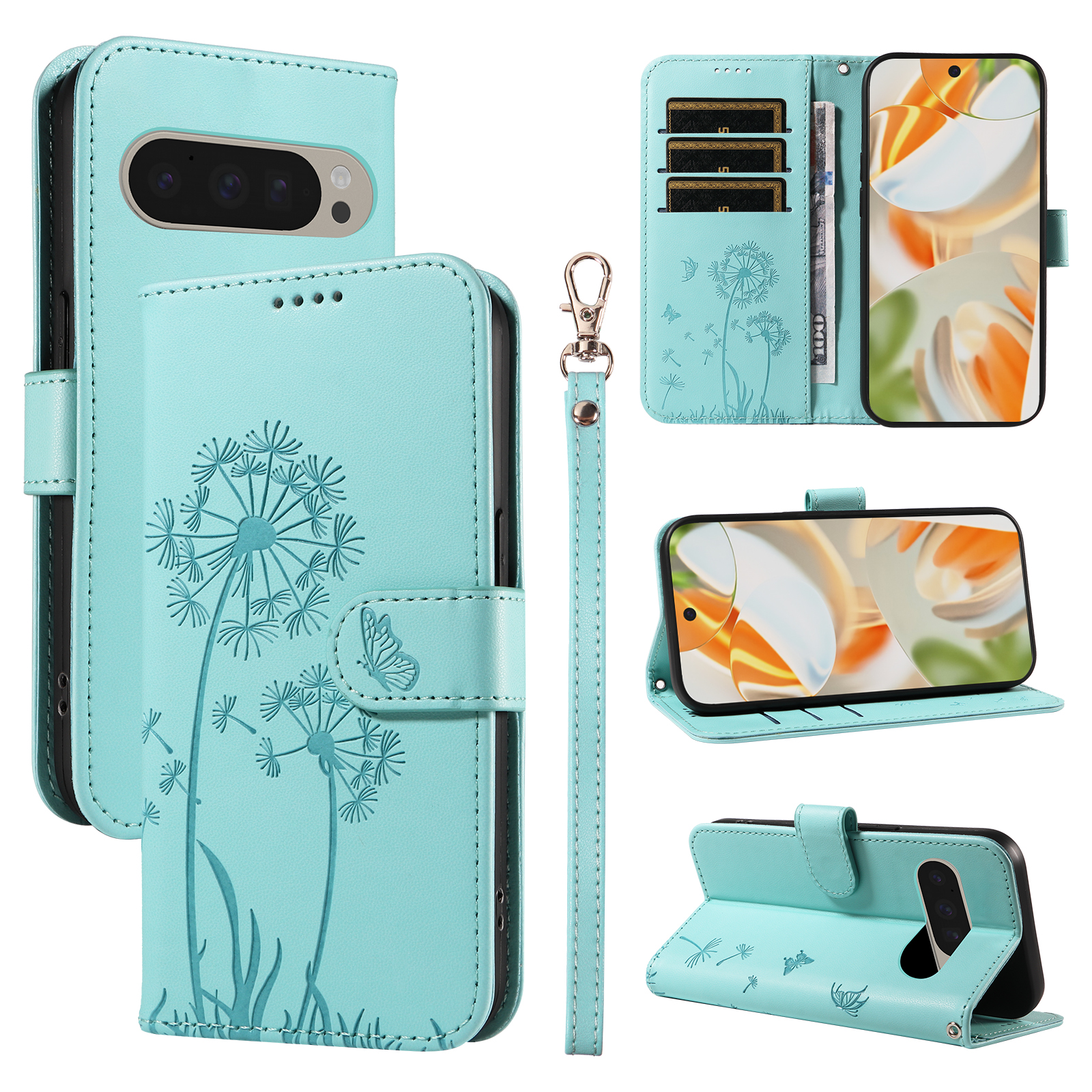 For Google Pixel 9 Pro / Google Pixel 10 / Google Pixel 10 Pro / Google Pixel 9 Leather Wallet Case with Strap Dandelion Imprint Phone Stand Cover - Green