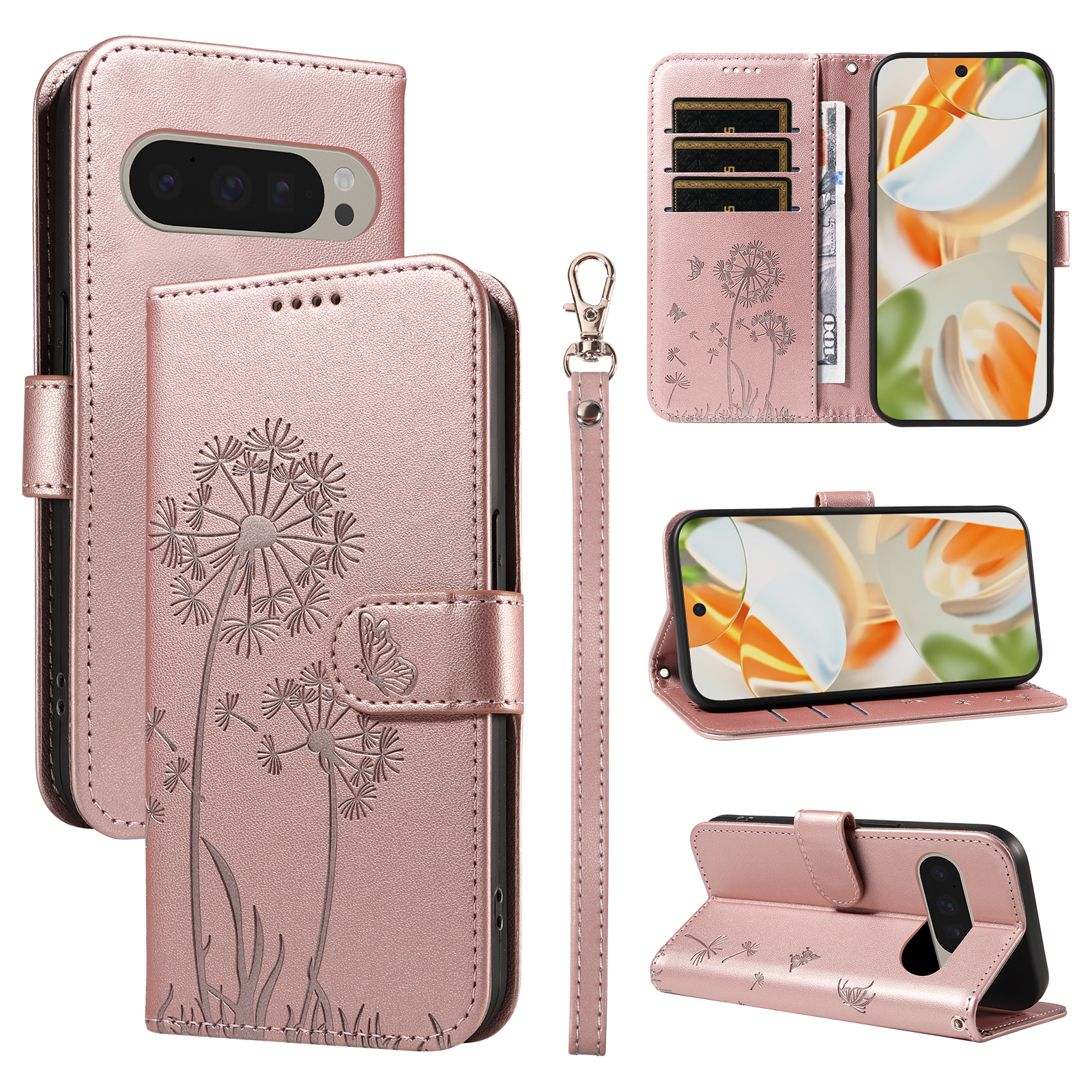 For Google Pixel 9 Pro / Google Pixel 10 / Google Pixel 10 Pro / Google Pixel 9 Leather Wallet Case with Strap Dandelion Imprint Phone Stand Cover - Rose Gold