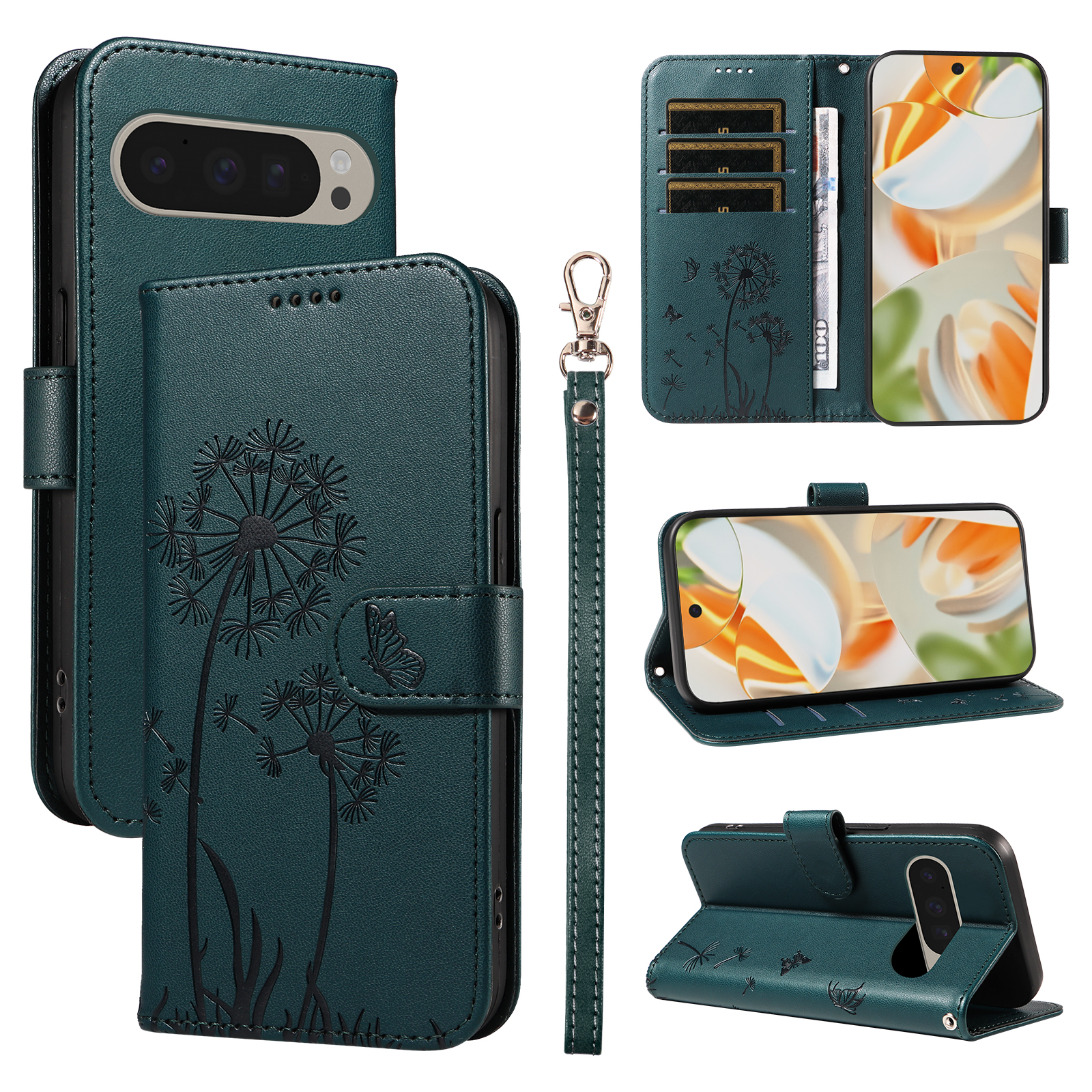 For Google Pixel 9 Pro / Google Pixel 10 / Google Pixel 10 Pro / Google Pixel 9 Leather Wallet Case with Strap Dandelion Imprint Phone Stand Cover - Blue