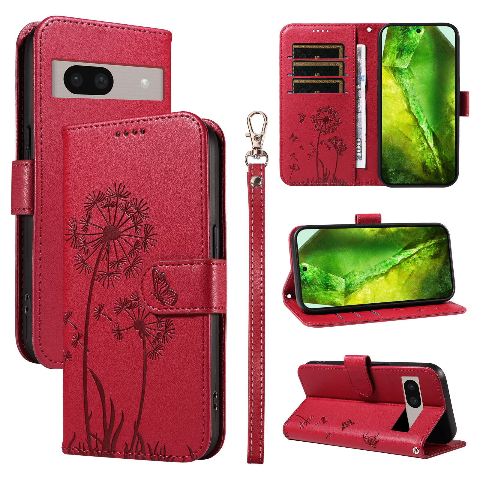 For Google Pixel 8a Leather Wallet Case with Strap Dandelion Imprint Phone Stand Cover - Red
