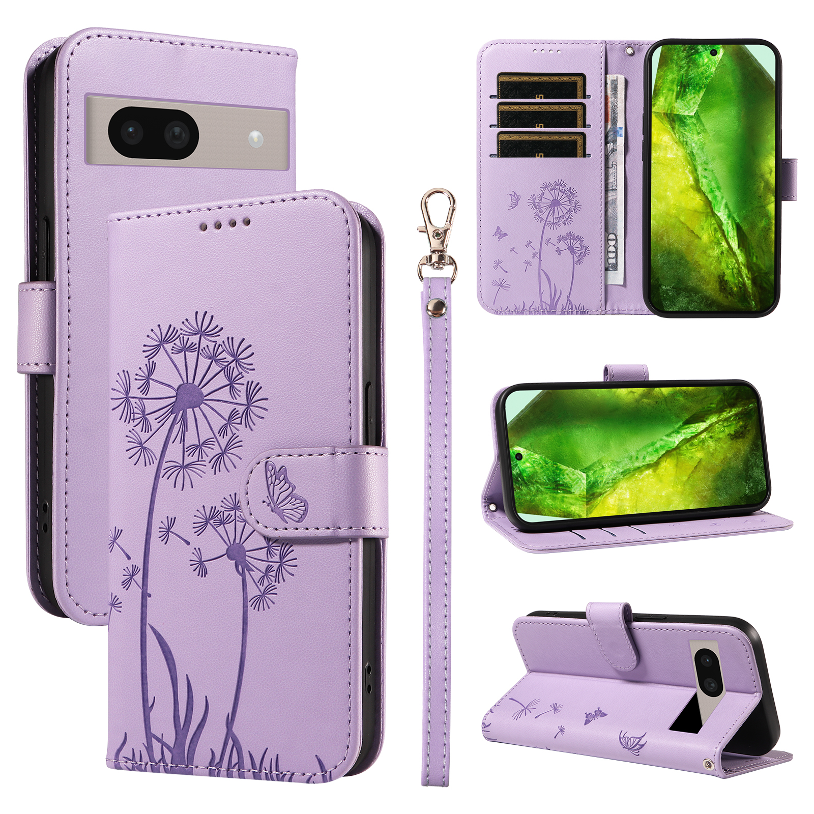 For Google Pixel 8a Leather Wallet Case with Strap Dandelion Imprint Phone Stand Cover - Purple