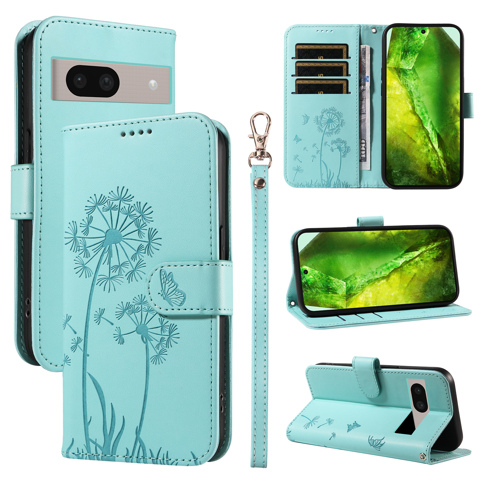 For Google Pixel 8a Leather Wallet Case with Strap Dandelion Imprint Phone Stand Cover - Green