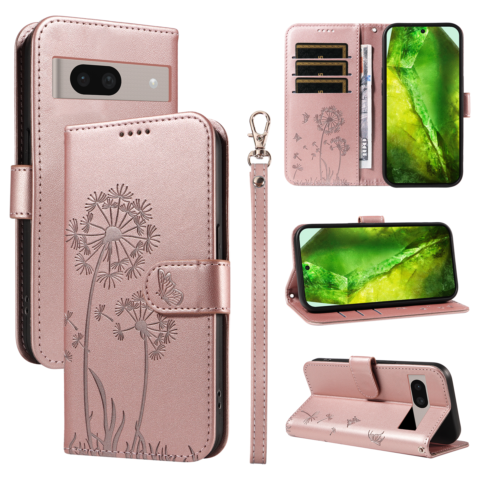 For Google Pixel 8a Leather Wallet Case with Strap Dandelion Imprint Phone Stand Cover - Rose Gold