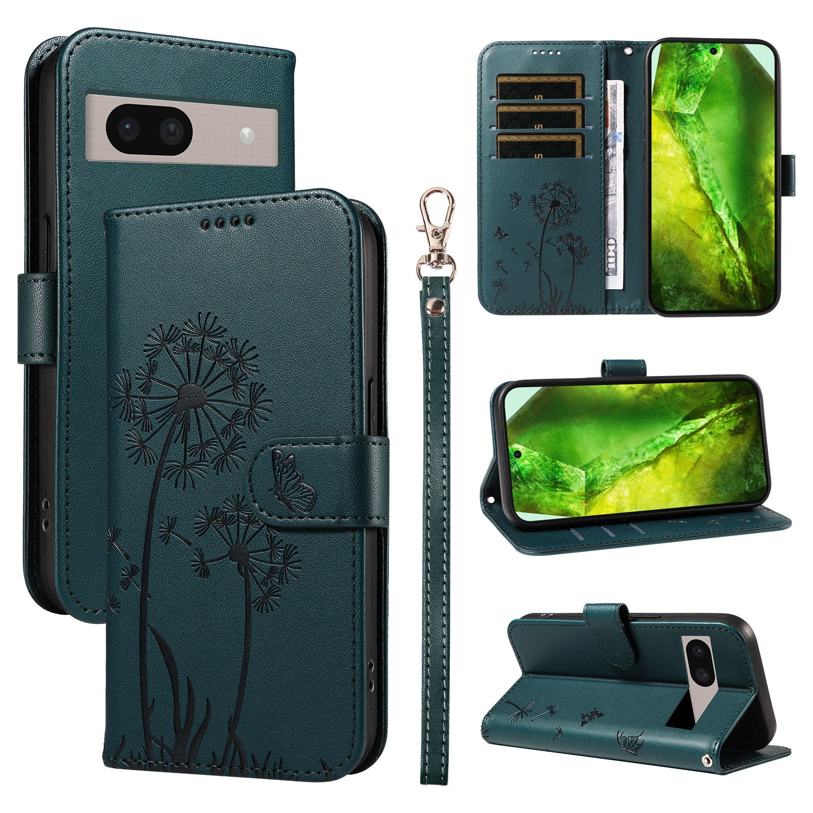 For Google Pixel 8a Leather Wallet Case with Strap Dandelion Imprint Phone Stand Cover - Blue