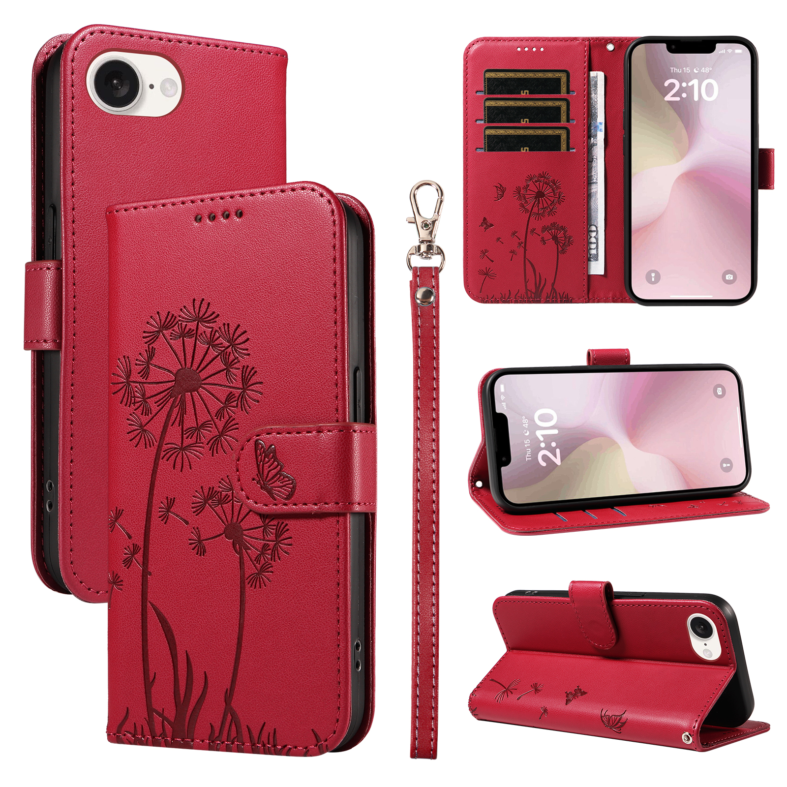 For iPhone 16e Leather Wallet Case with Strap Dandelion Imprint Phone Stand Cover - Red