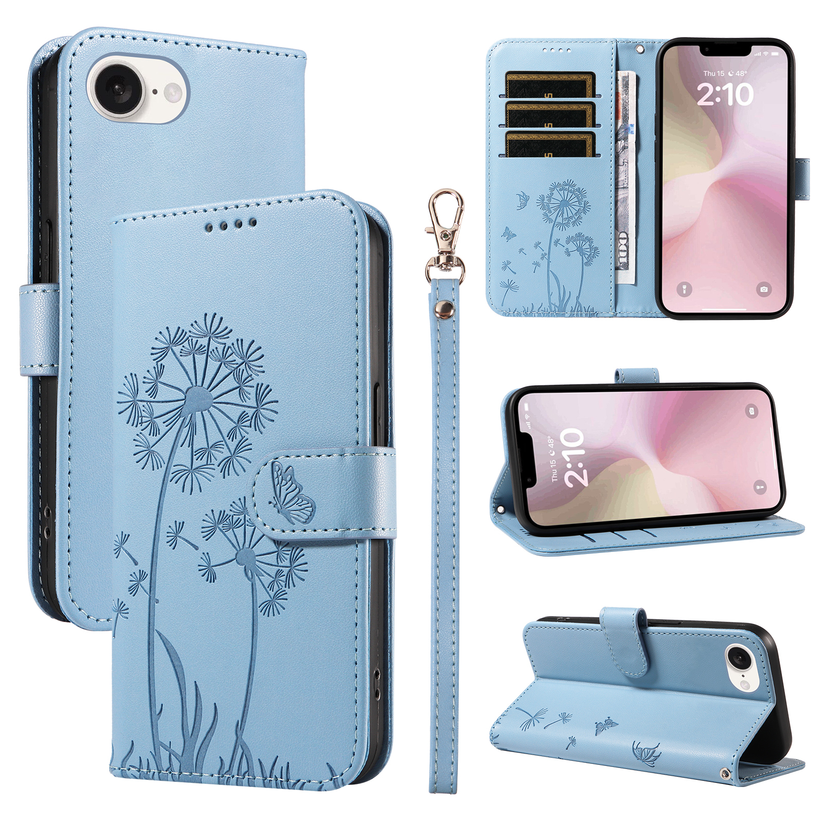 For iPhone 16e Leather Wallet Case with Strap Dandelion Imprint Phone Stand Cover - Sky Blue
