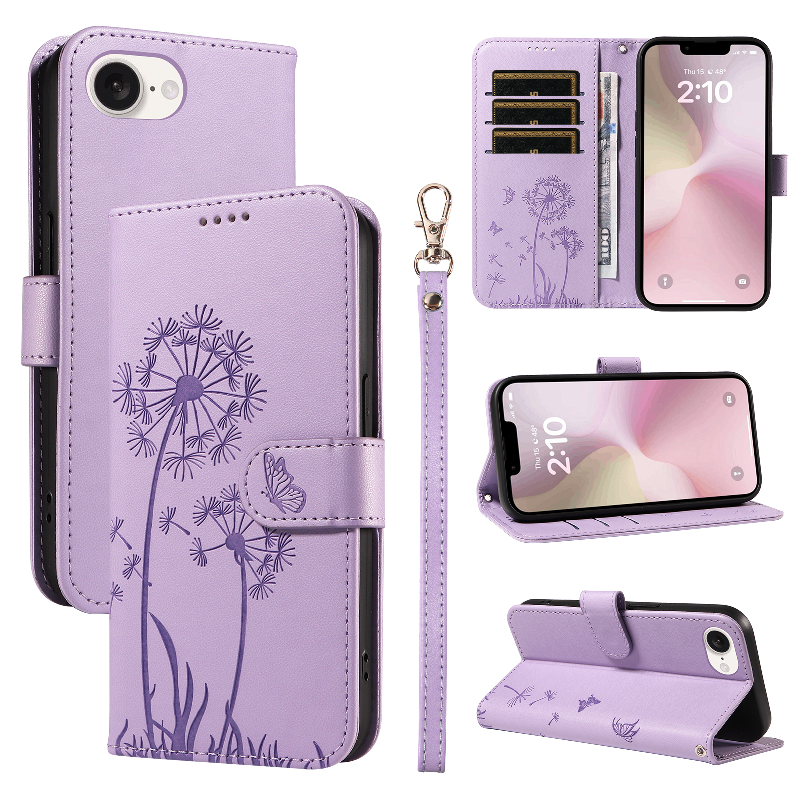 For iPhone 16e Leather Wallet Case with Strap Dandelion Imprint Phone Stand Cover - Purple