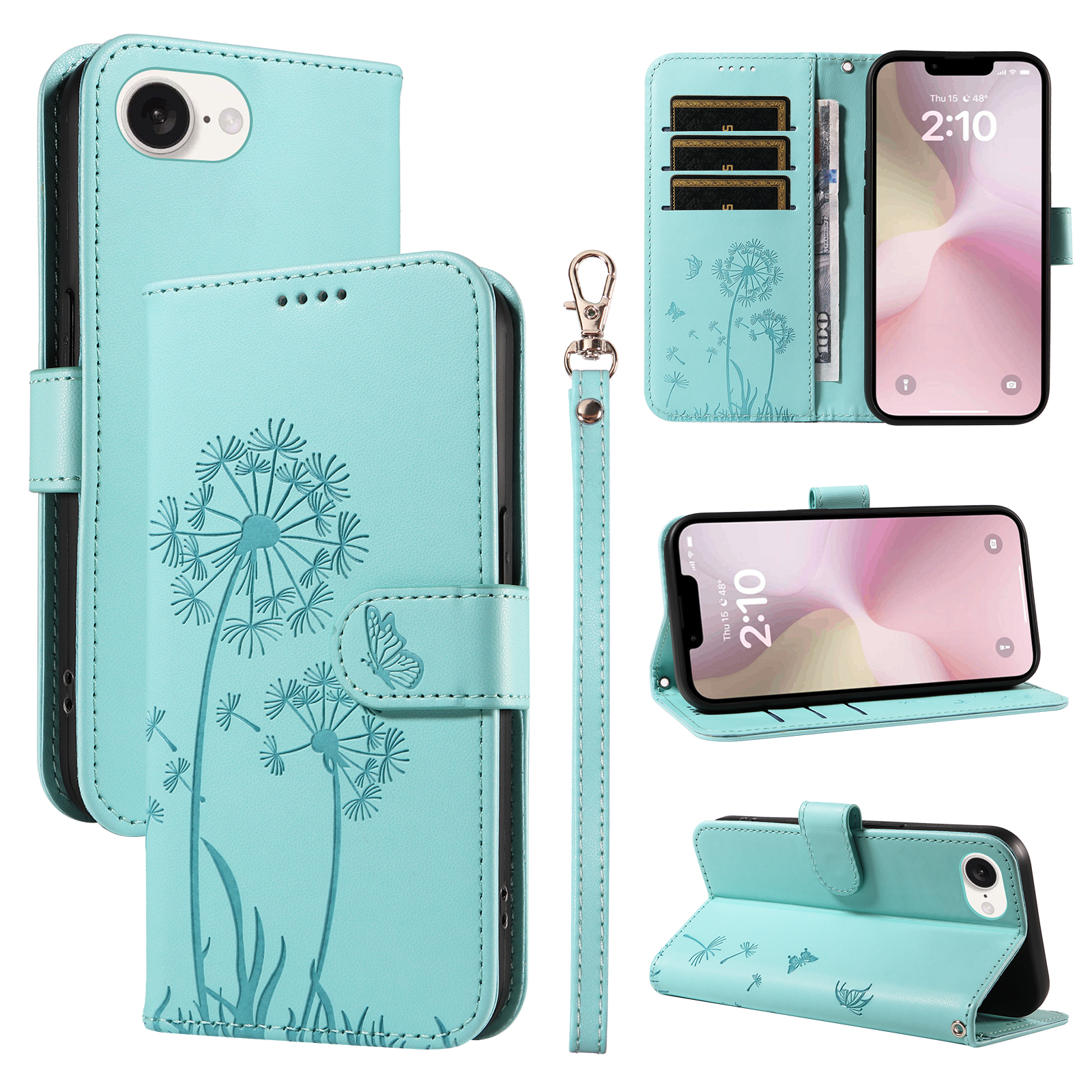 For iPhone 16e Leather Wallet Case with Strap Dandelion Imprint Phone Stand Cover - Green
