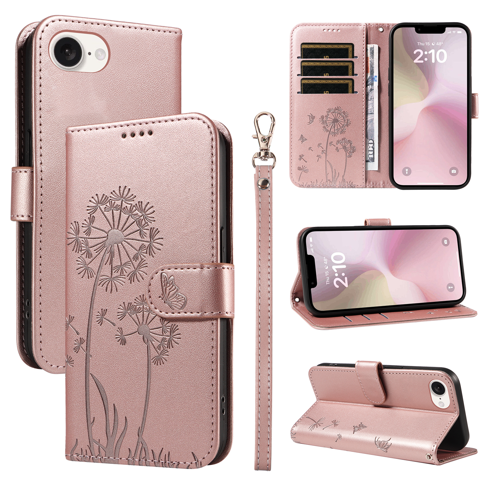 For iPhone 16e Leather Wallet Case with Strap Dandelion Imprint Phone Stand Cover - Rose Gold