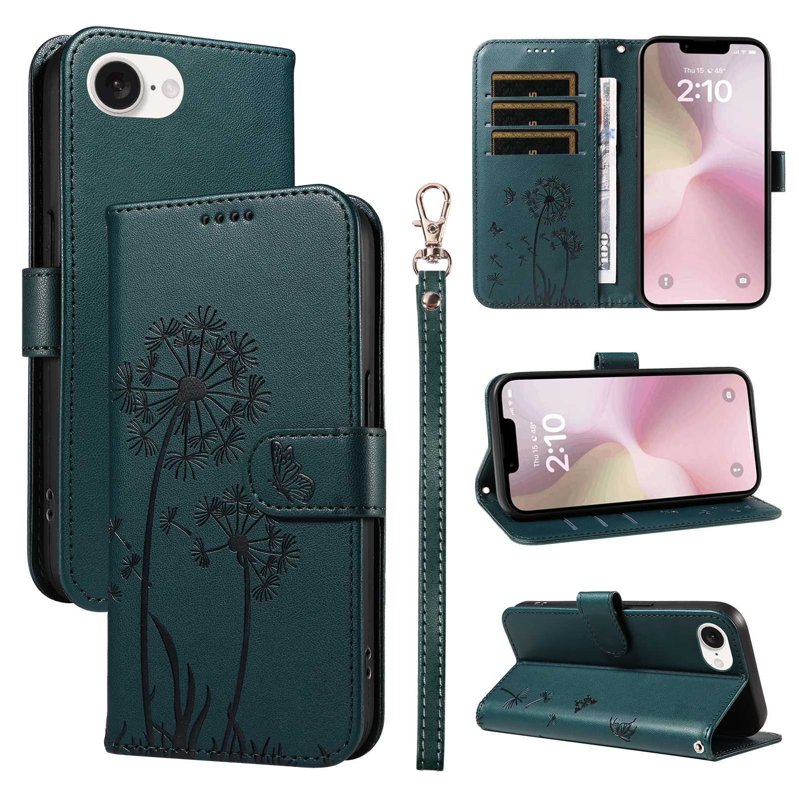 For iPhone 16e Leather Wallet Case with Strap Dandelion Imprint Phone Stand Cover - Blue