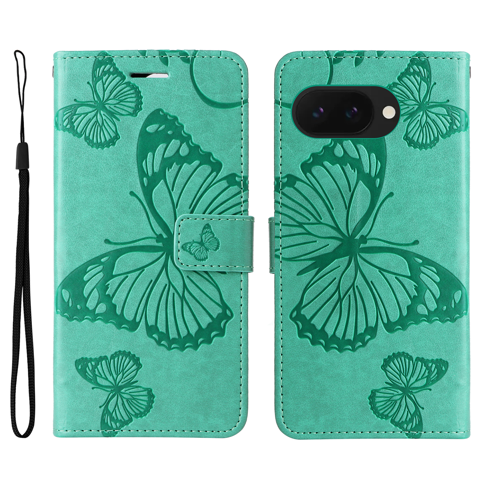 For Google Pixel 9a Wallet Case Floral Butterfly Imprinted Leather Phone Cover Stand -  Green