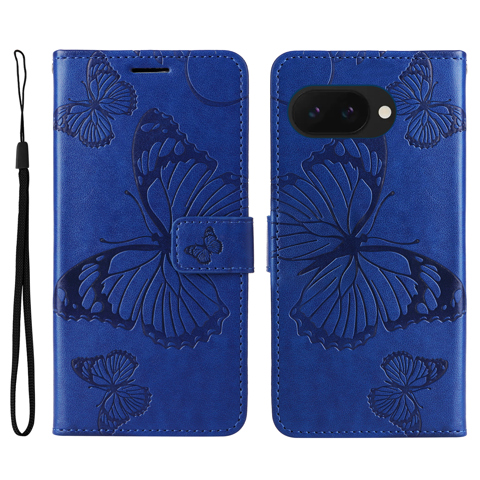 For Google Pixel 9a Wallet Case Floral Butterfly Imprinted Leather Phone Cover Stand - Blue