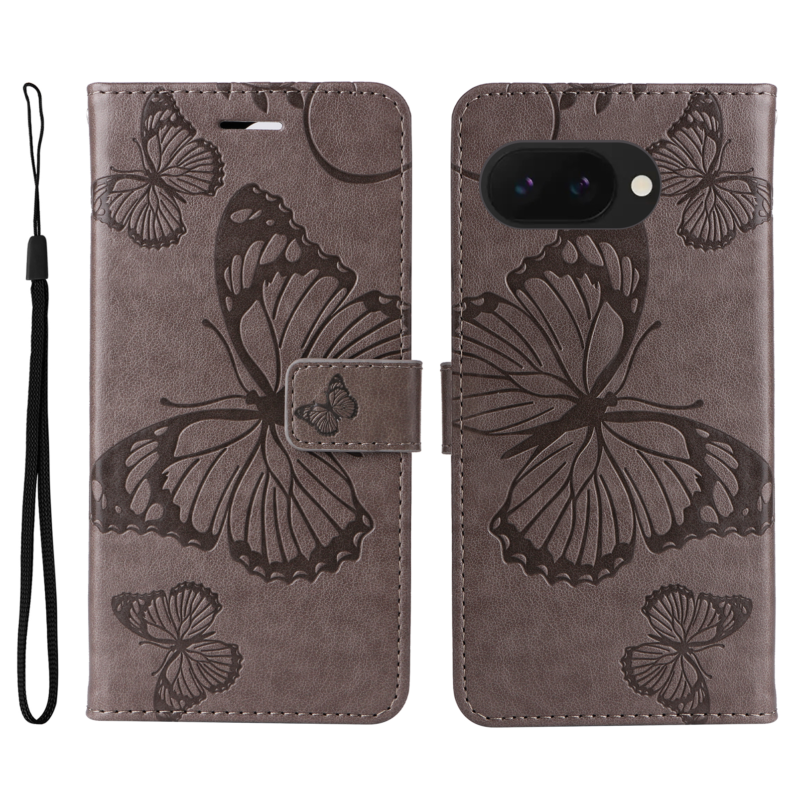 For Google Pixel 9a Wallet Case Floral Butterfly Imprinted Leather Phone Cover Stand - Grey