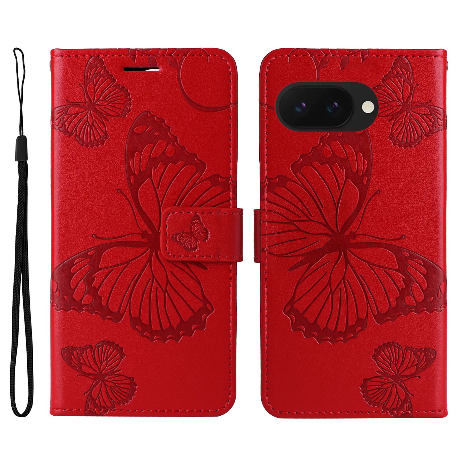 For Google Pixel 9a Wallet Case Floral Butterfly Imprinted Leather Phone Cover Stand - Red