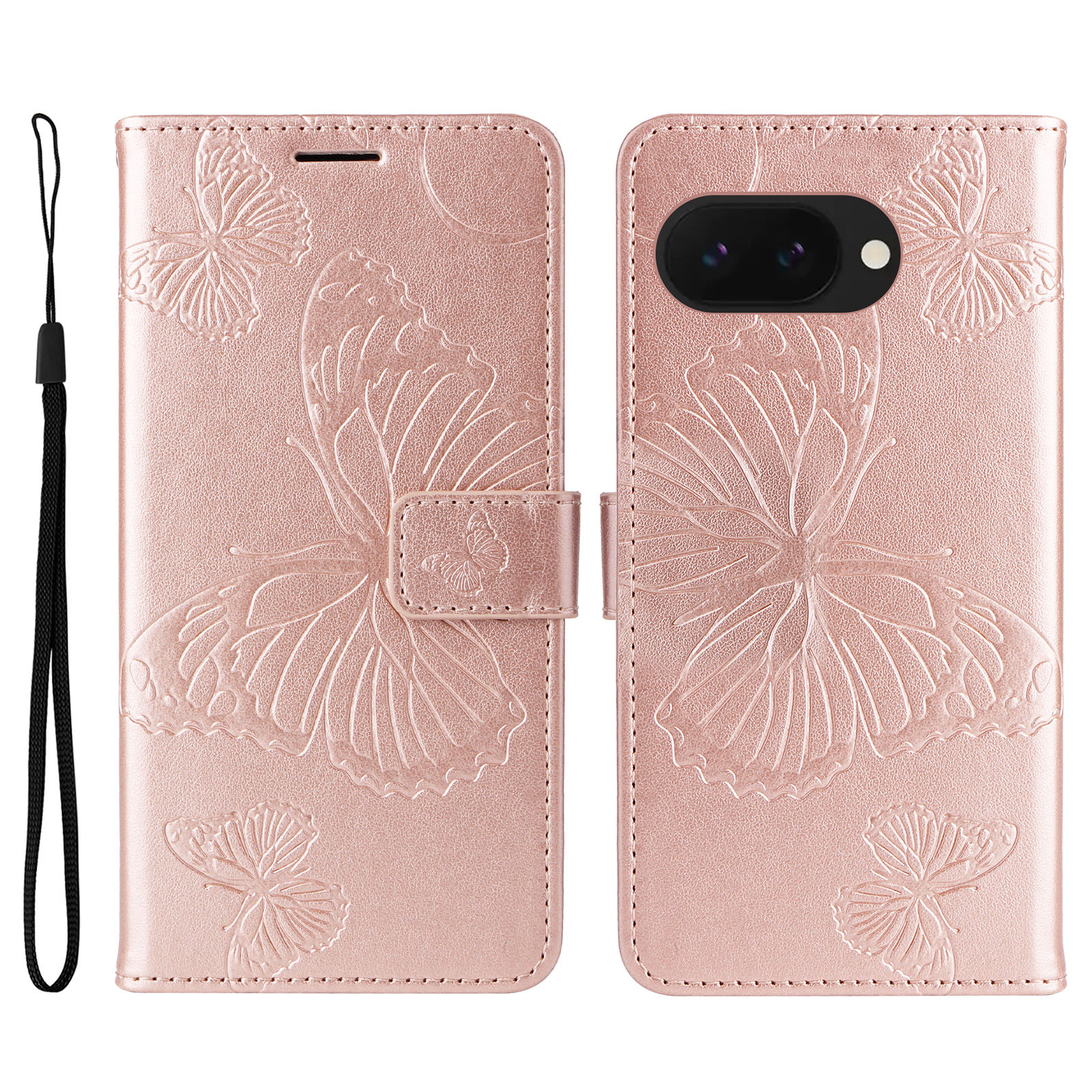 For Google Pixel 9a Wallet Case Floral Butterfly Imprinted Leather Phone Cover Stand -  Rose Gold