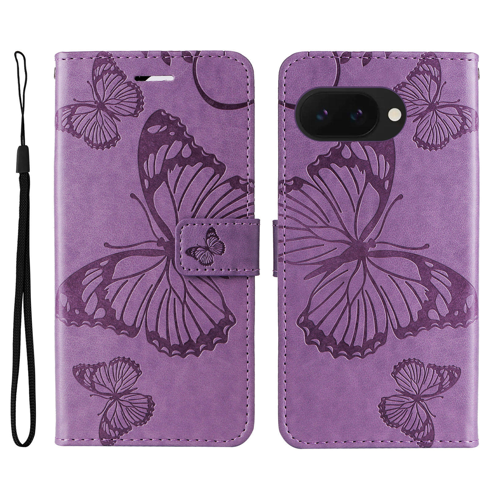 For Google Pixel 9a Wallet Case Floral Butterfly Imprinted Leather Phone Cover Stand - Light Purple