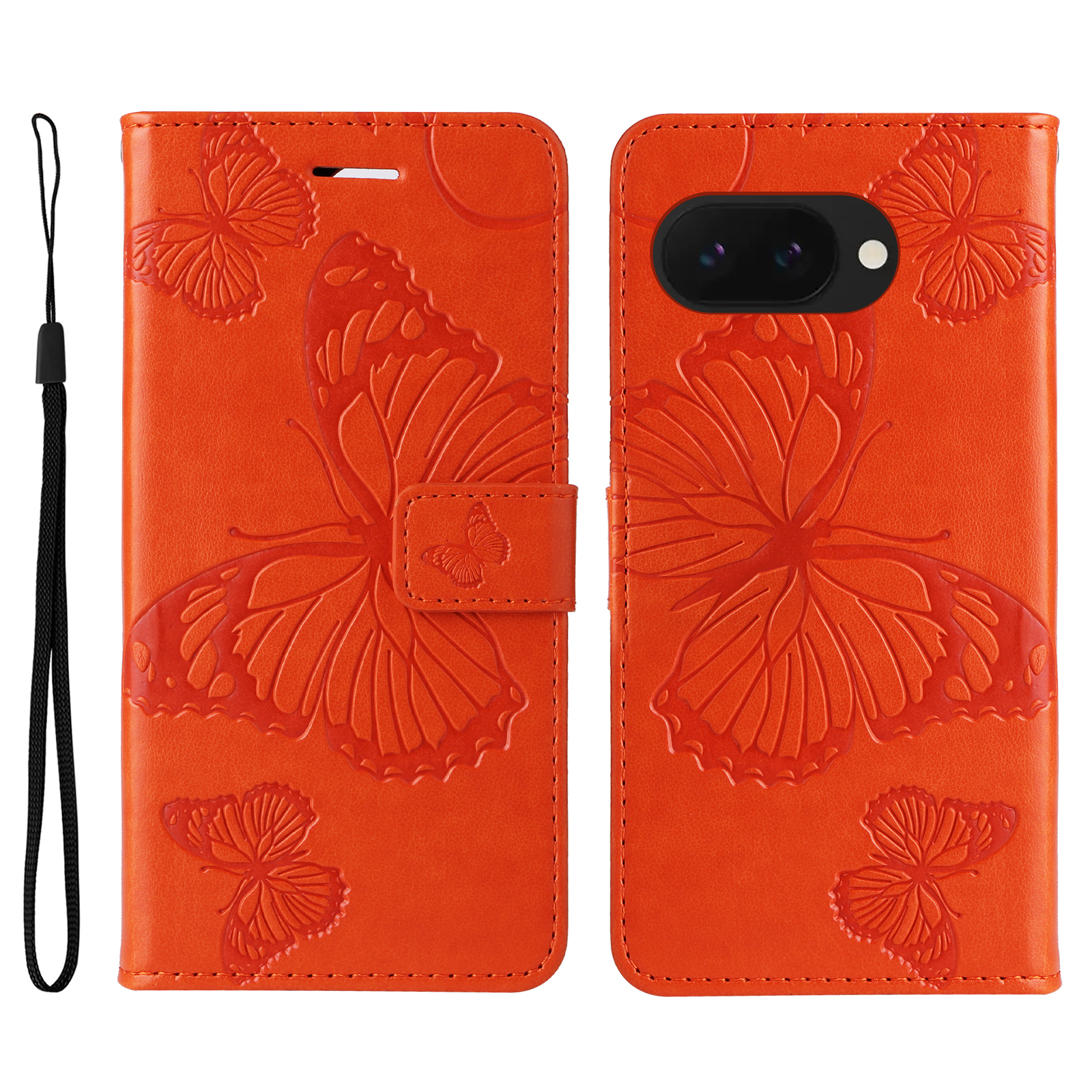 For Google Pixel 9a Wallet Case Floral Butterfly Imprinted Leather Phone Cover Stand - Orange
