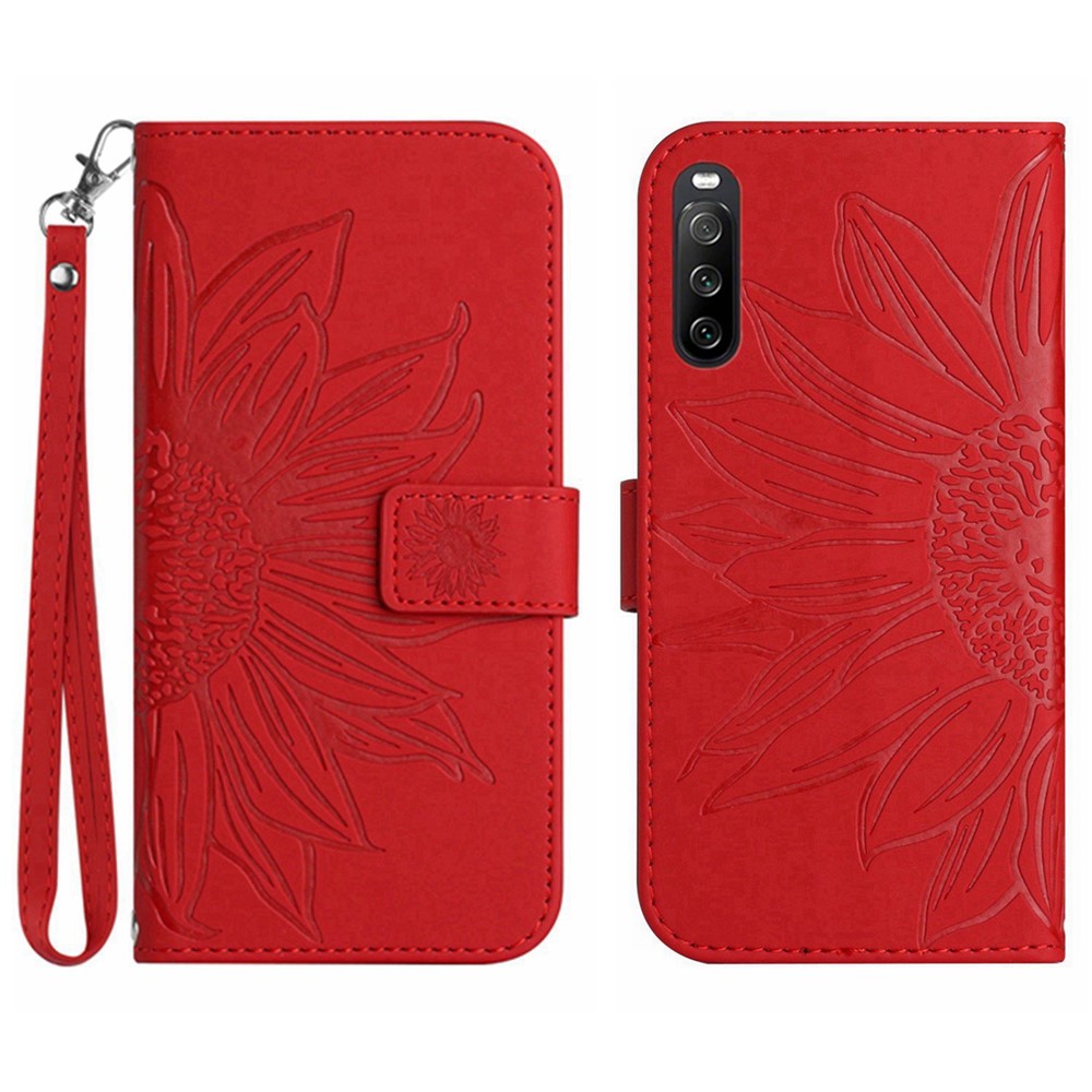 For Sony Xperia 10 IV 5G HT04 Phone Case, Cushion Buffer Skin-Touch PU Leather Imprinted Sunflower Stand Wallet Cover with Hand Strap - Red-1