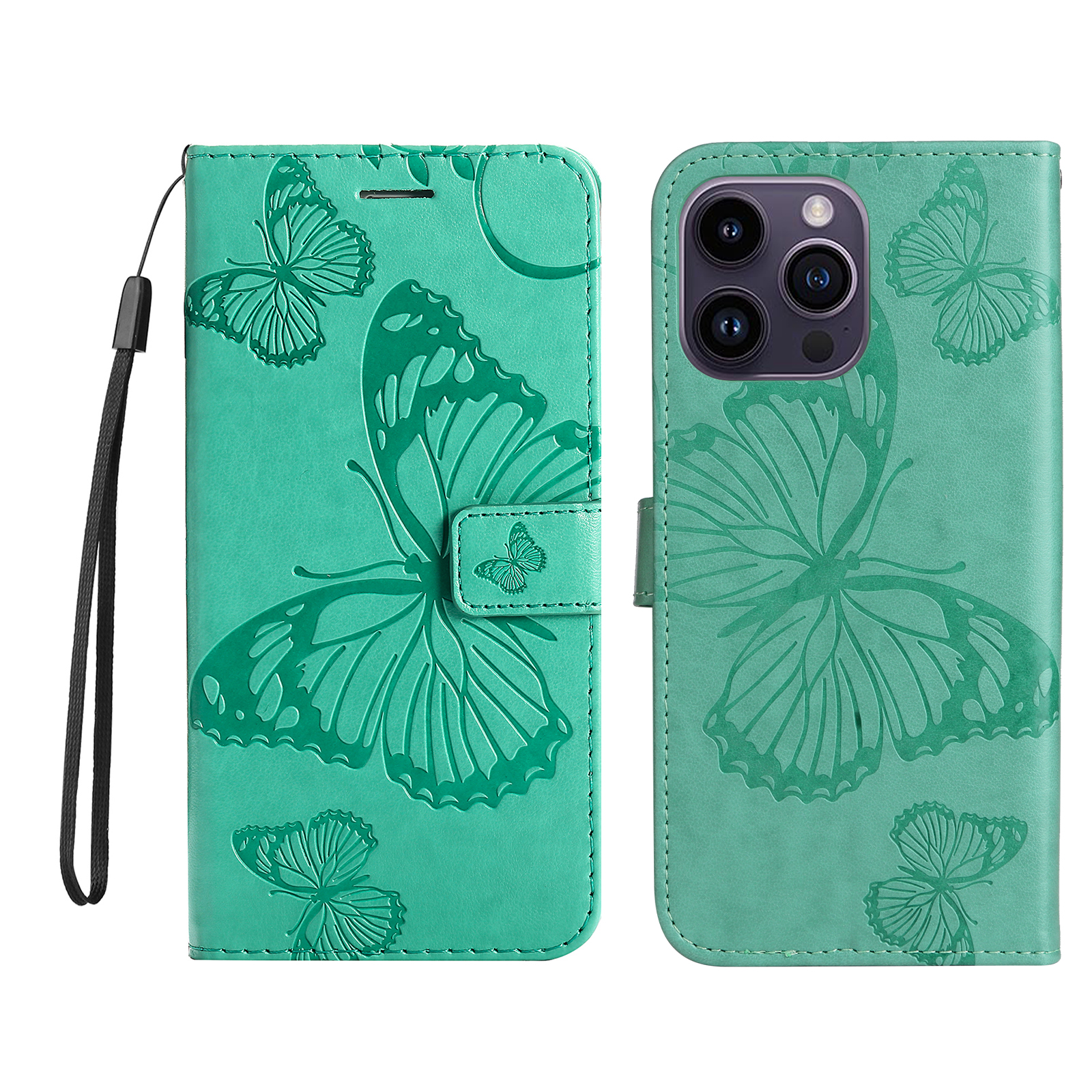For iPhone 15 Pro Max Wallet Case Floral Butterfly Imprinted Leather Phone Cover Stand -  Green