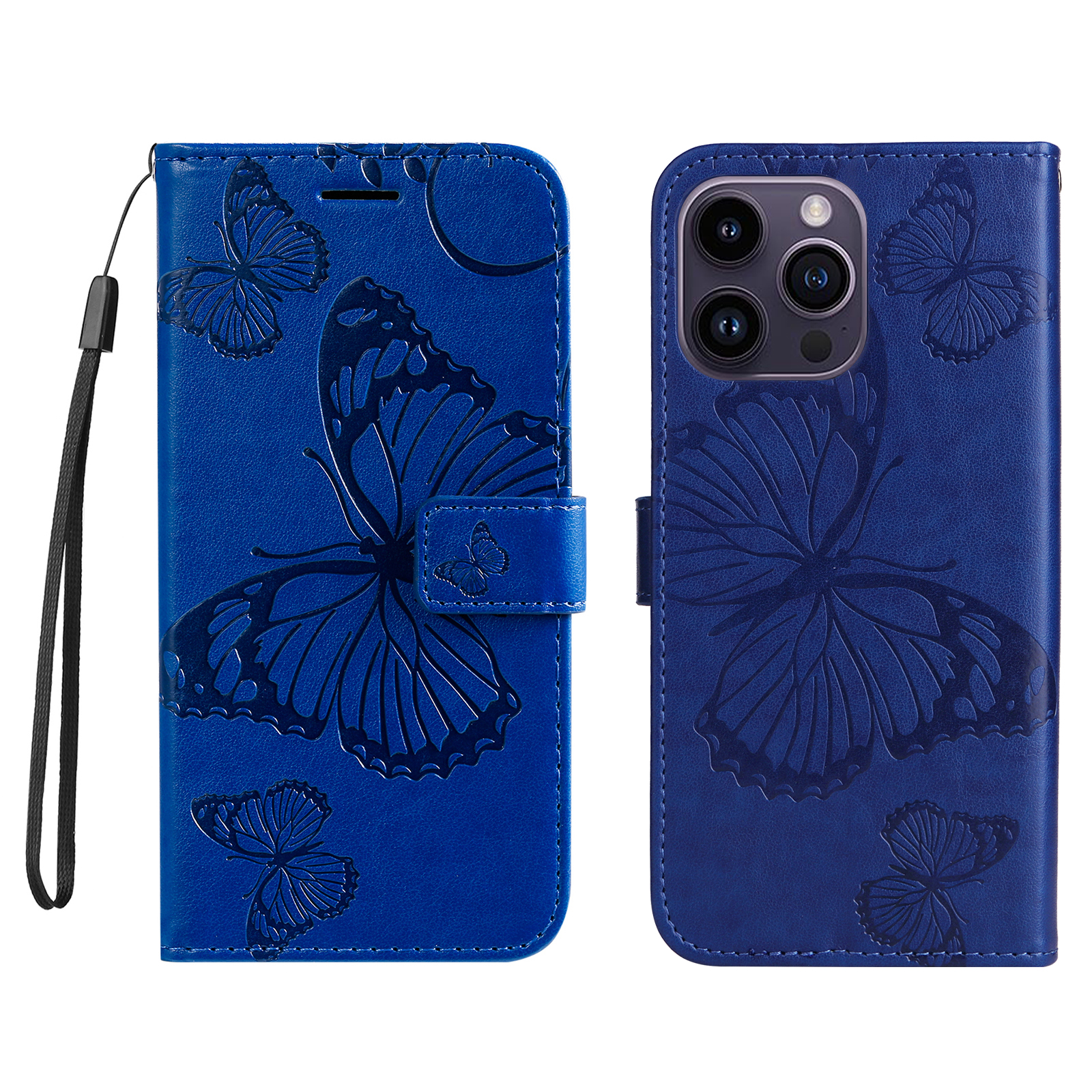 For iPhone 15 Pro Max Wallet Case Floral Butterfly Imprinted Leather Phone Cover Stand - Blue