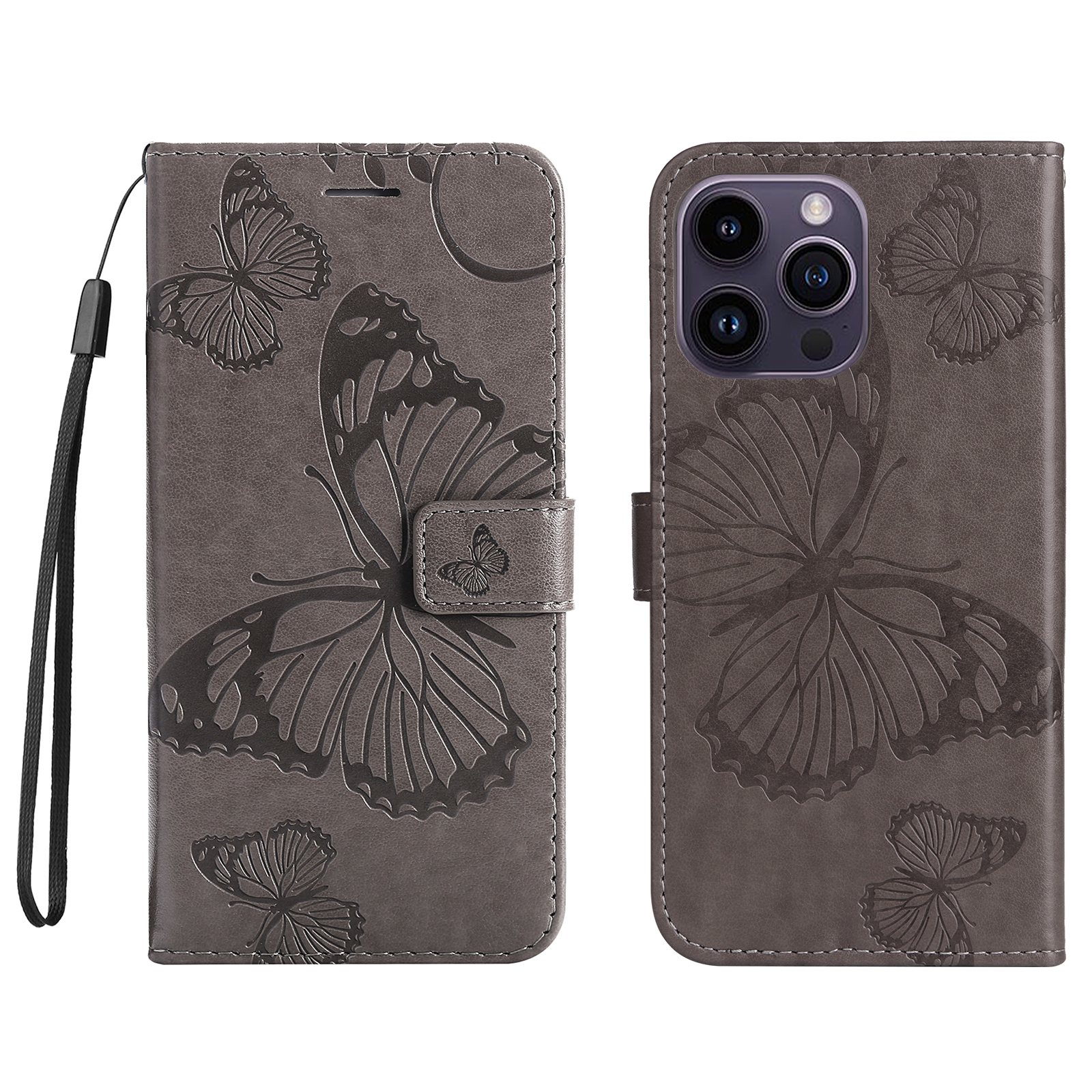 For iPhone 15 Pro Max Wallet Case Floral Butterfly Imprinted Leather Phone Cover Stand - Grey